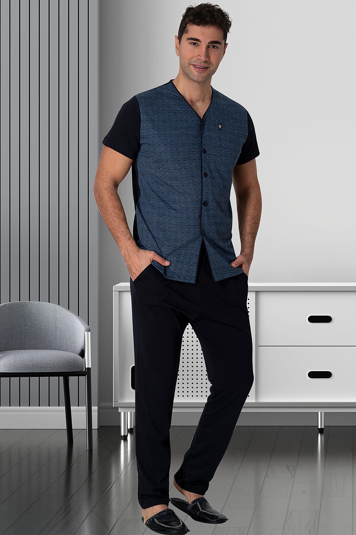Mecit 2792 Lacivert Büyük Beden Boydan Düğmeli Erkek Pijama Takımı