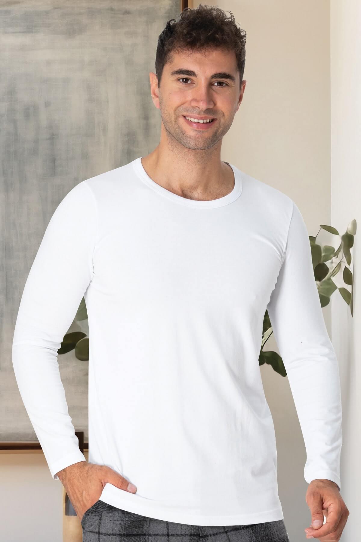 Mecit 2850 Beyaz Bisiklet Yaka Uzun Kollu Likralı Pamuk Erkek Tişört