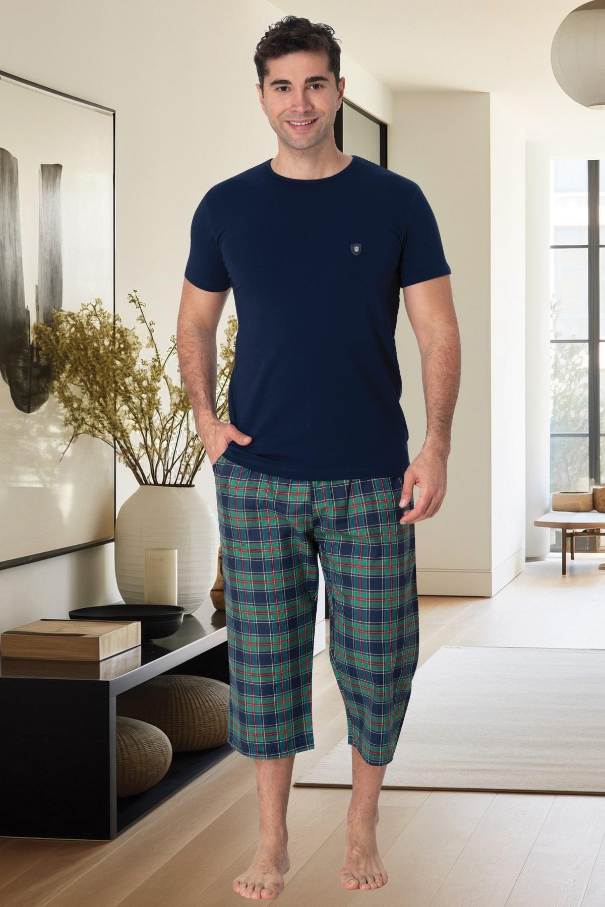 Mecit 2914 Lacivert Ekoseli Capri Erkek Büyük Beden Pijama Takımı