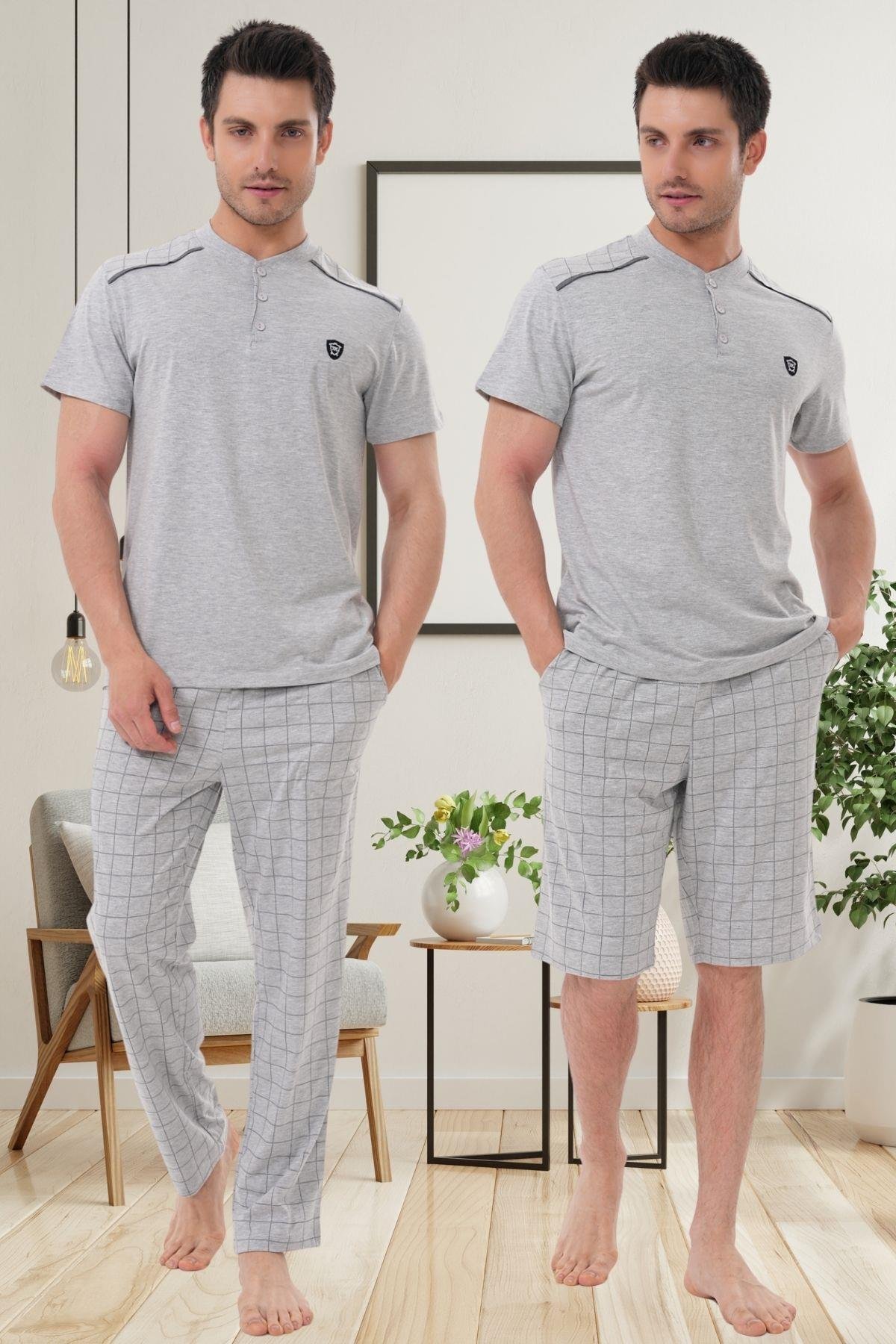 Mecit PijamaMecit 2980 Gri Büyük Beden 3 Parça Erkek Şortlu Pijama Takımı