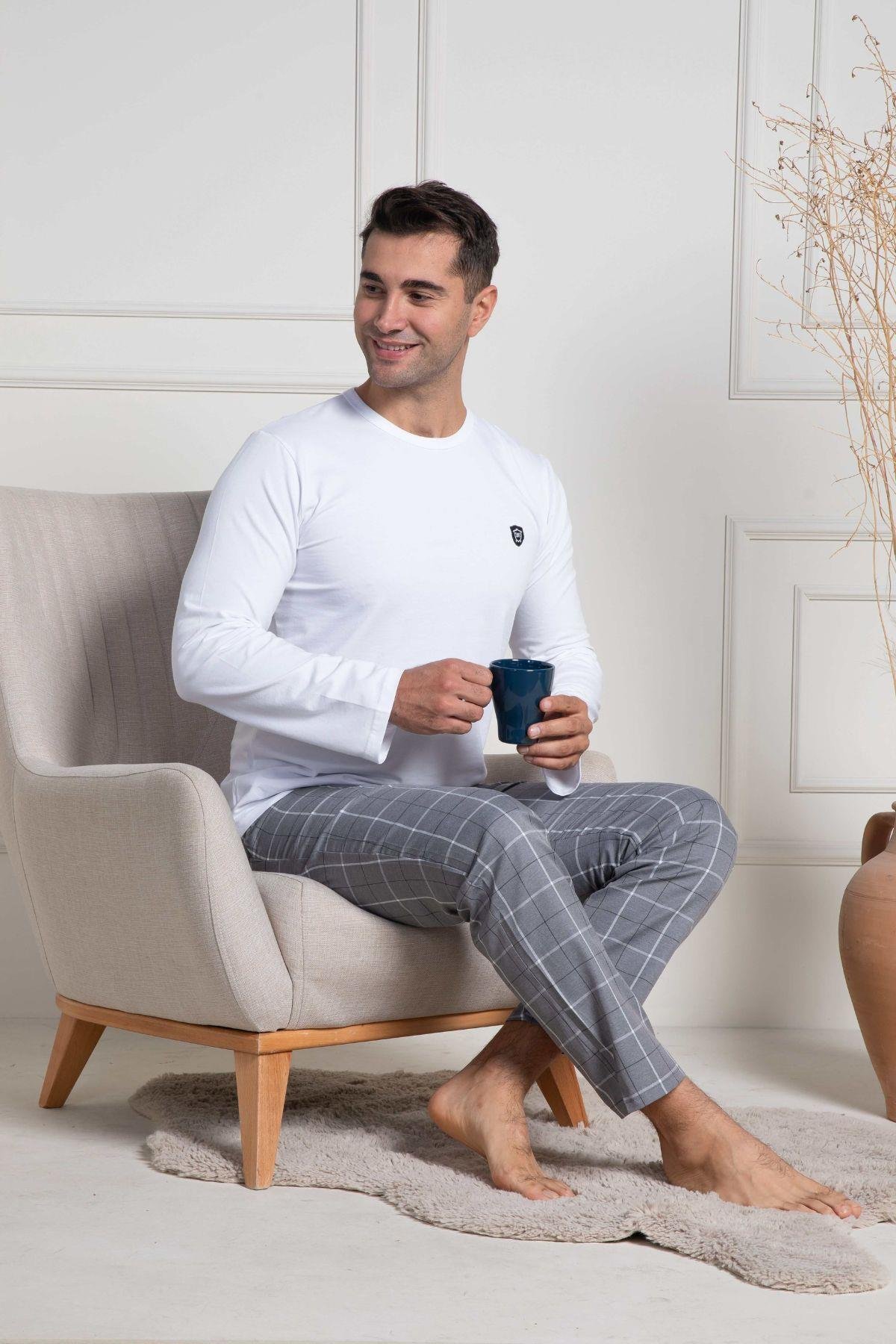 Mecit PijamaMecit 3054 Beyaz Ekoseli Erkek Büyük Beden Pijama Takımı