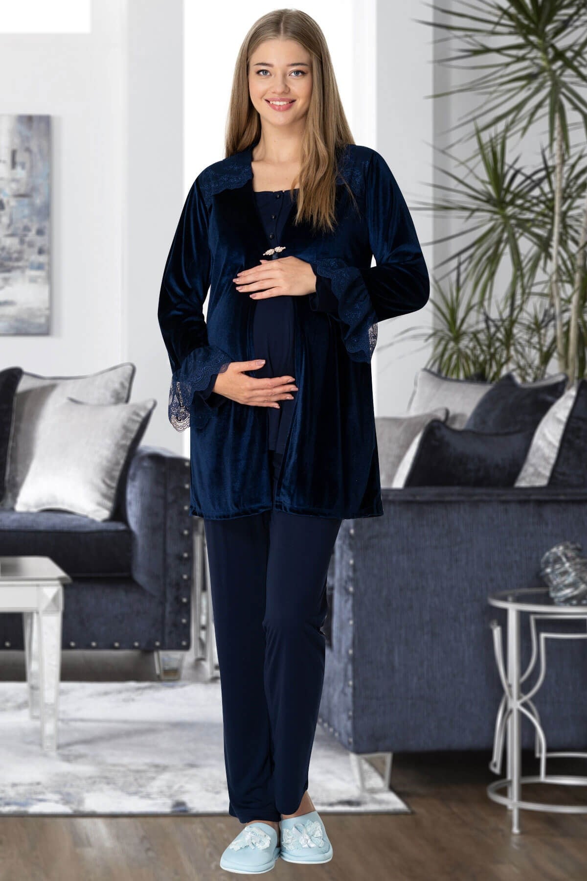 Mecit 5306 Lacivert Kadife Sabahlıklı Lohusa Pijama Takımı