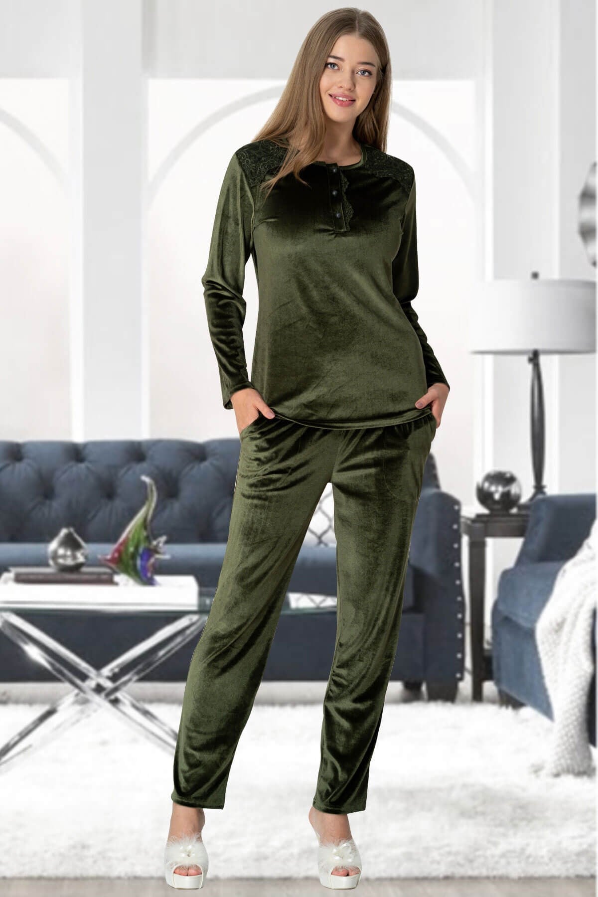 Mecit 5327 Yeşil Kadife Kadın Pijama Takımı