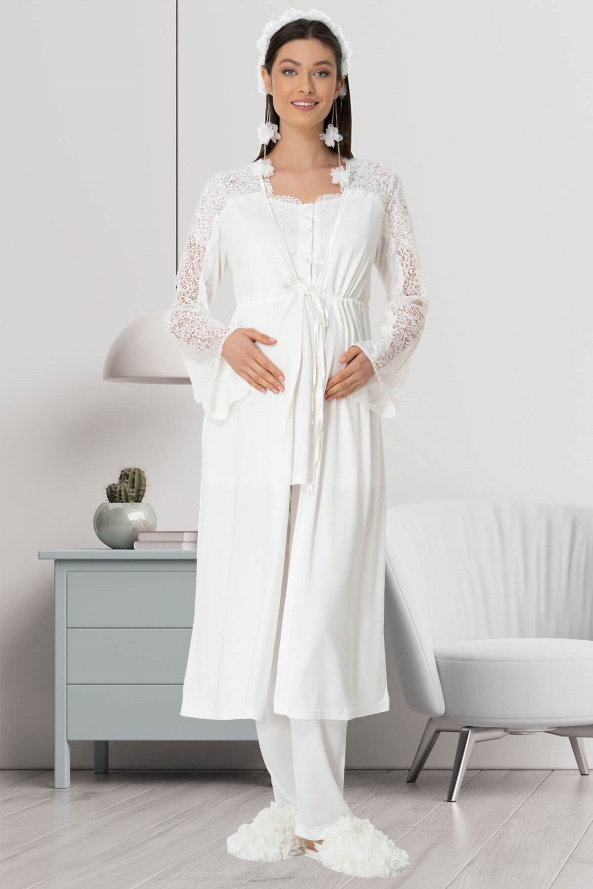 Mecit 5440 Ekru Dantelli Sabahlıklı Lohusa Pijama Takımı