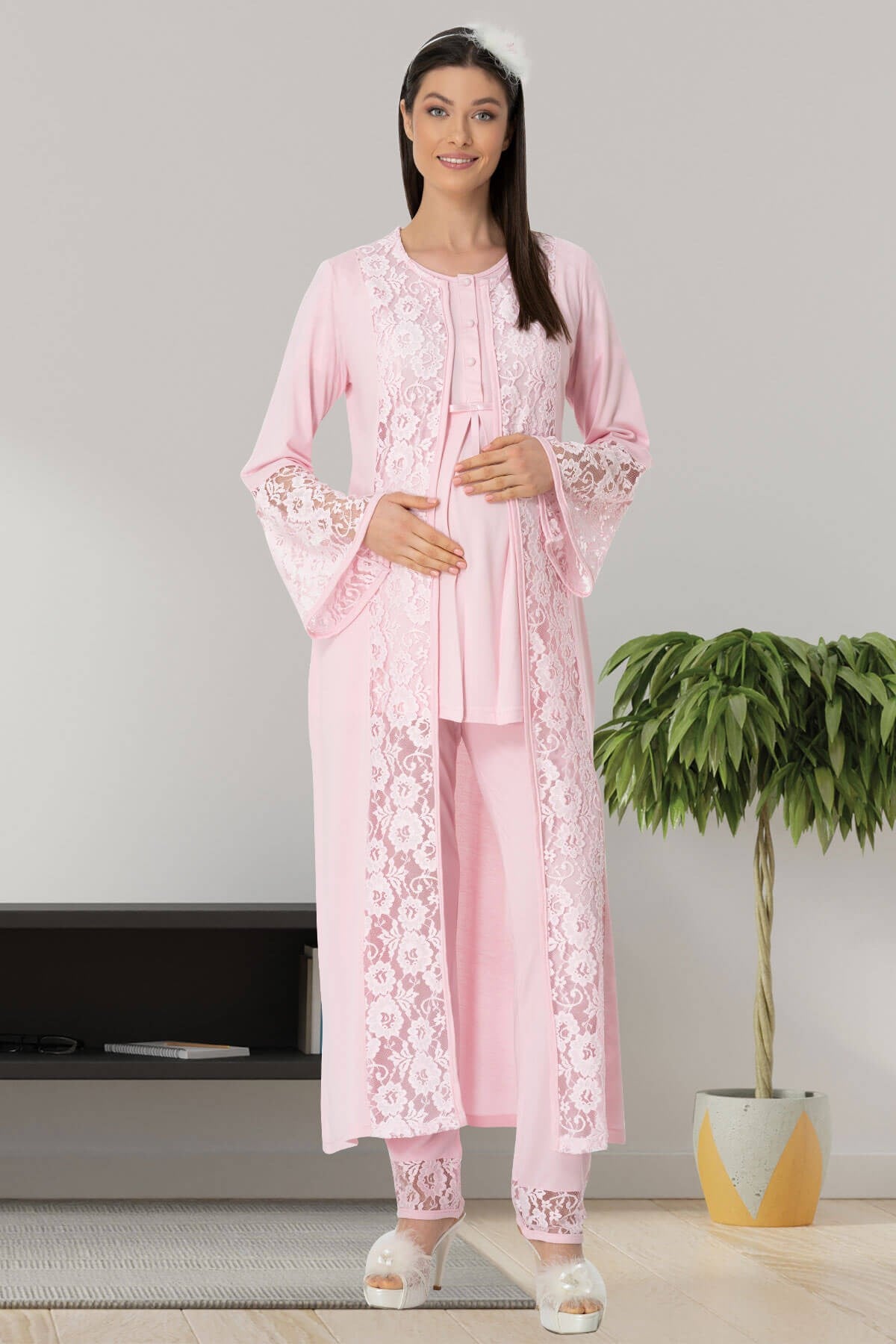 Mecit 5443 Pembe Lez Dantelli Sabahlıklı Lohusa Pijama Takımı