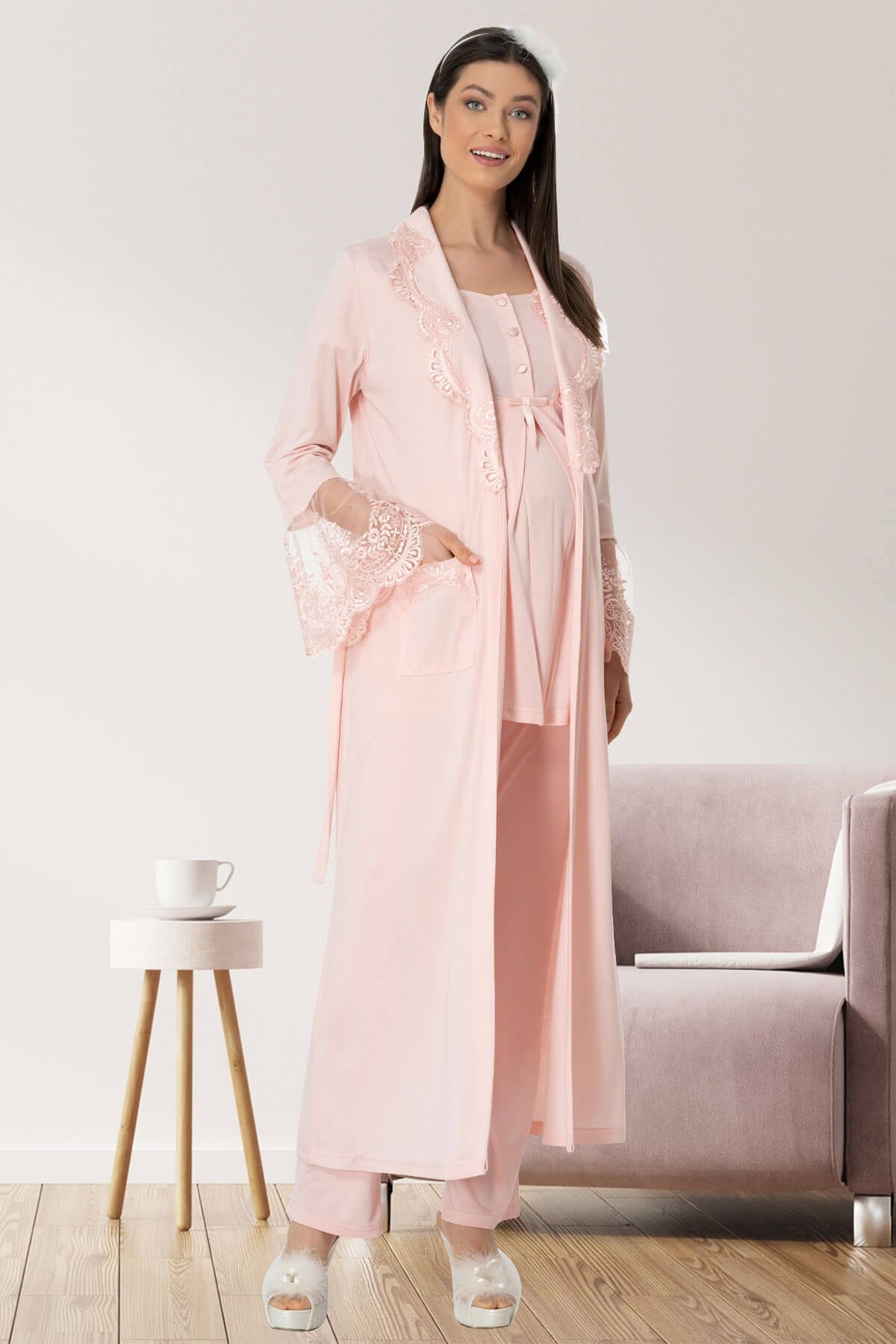 Mecit 5448 Pudra Sabahlıklı Lohusa Pijama Takımı