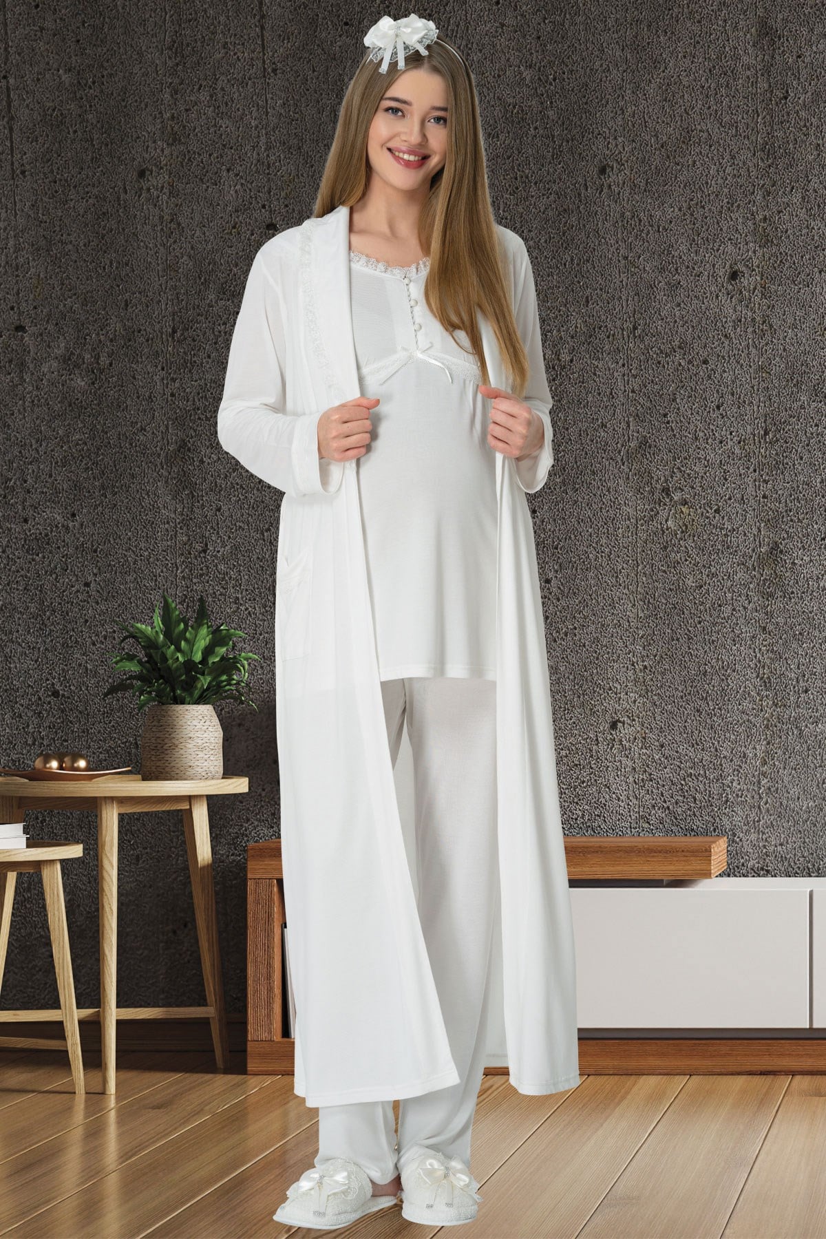 Mecit 5611 Ekru Sabahlıklı Lohusa Pijama Takımı
