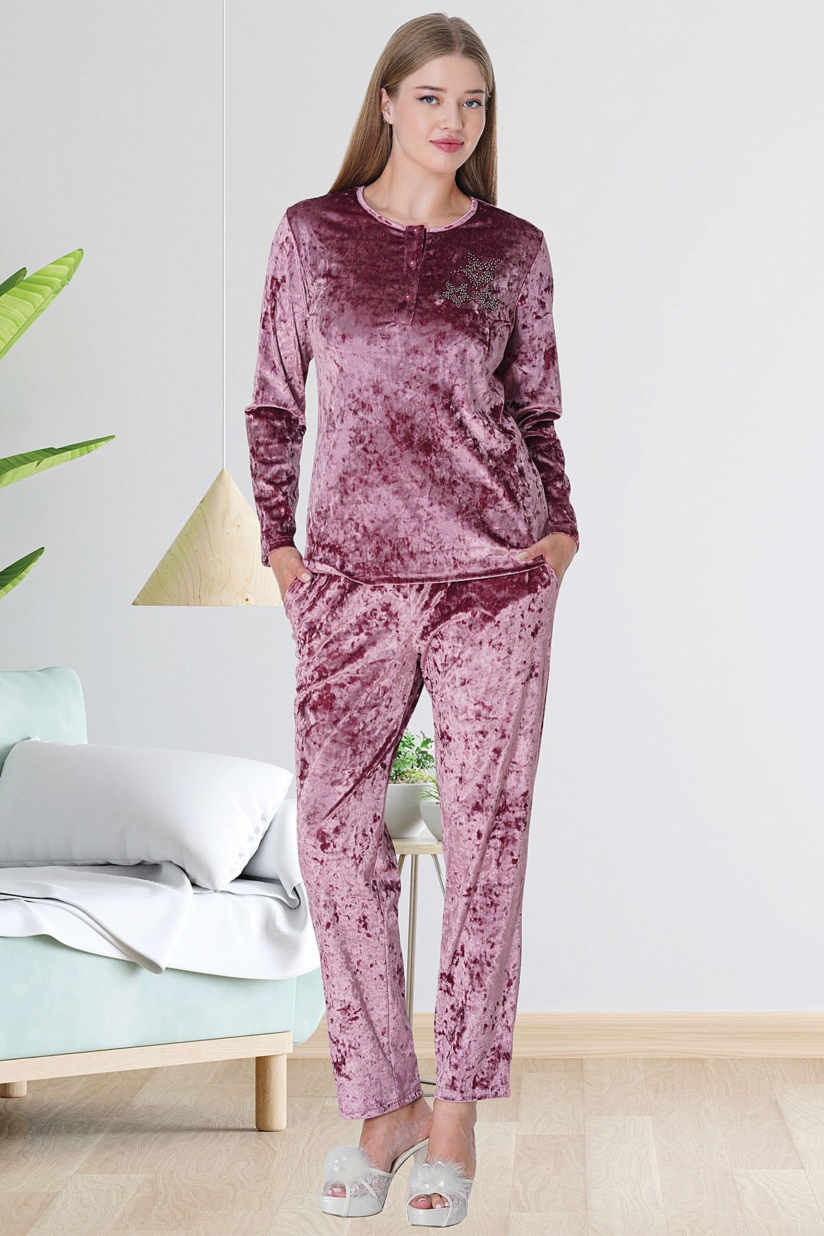 Mecit 5721 Gül Kurusu Kadın Kadife Pijama Takımı