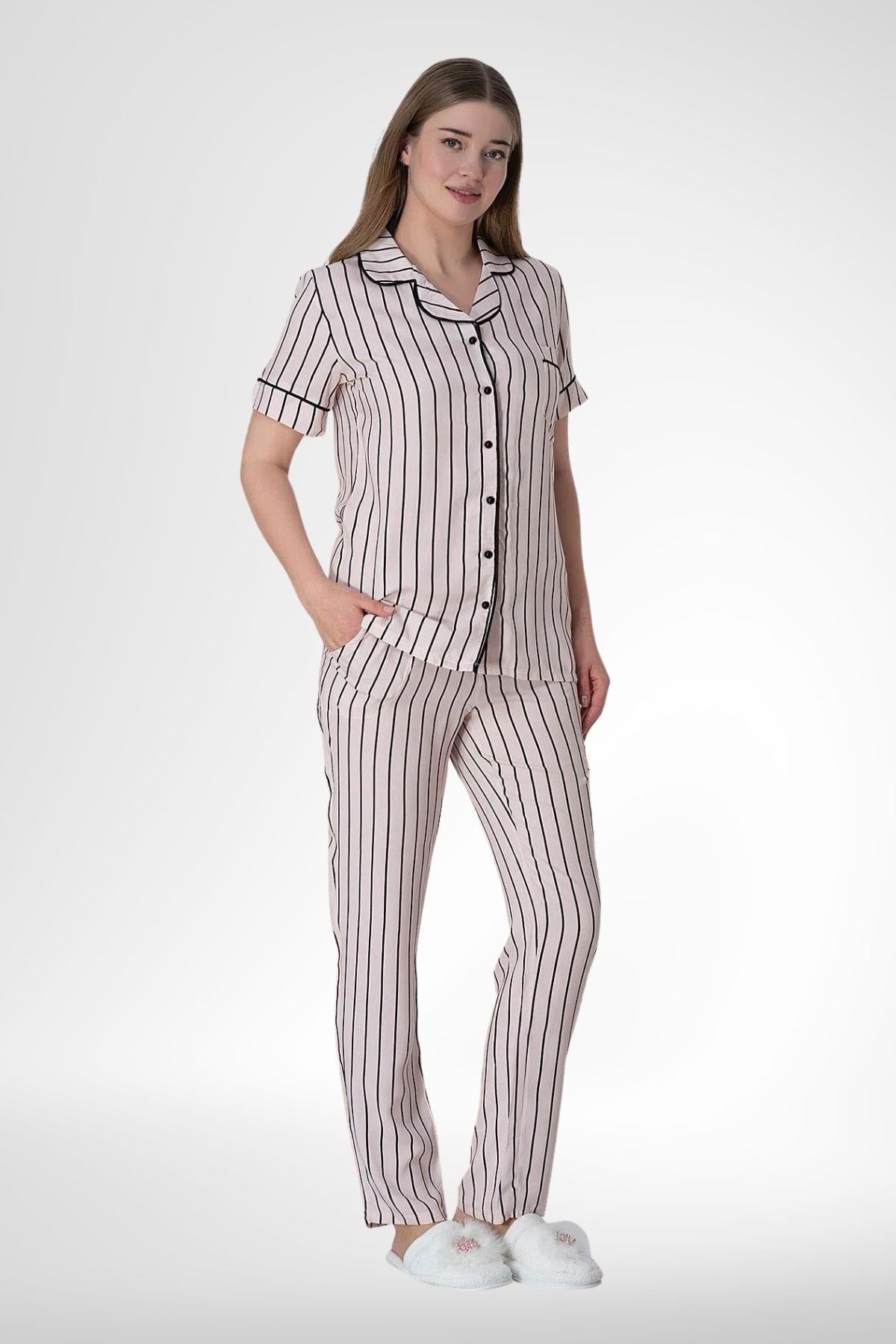 MECİT PİJAMAMecit 6016 Pembe Çizgili Boydan Düğmeli Kadın Pijama Takımı