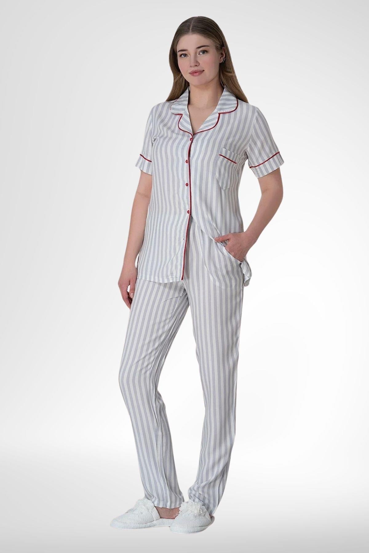 MECİT PİJAMAMecit 6055 Gri Çizgili Boydan Düğmeli Kadın Pijama Takımı