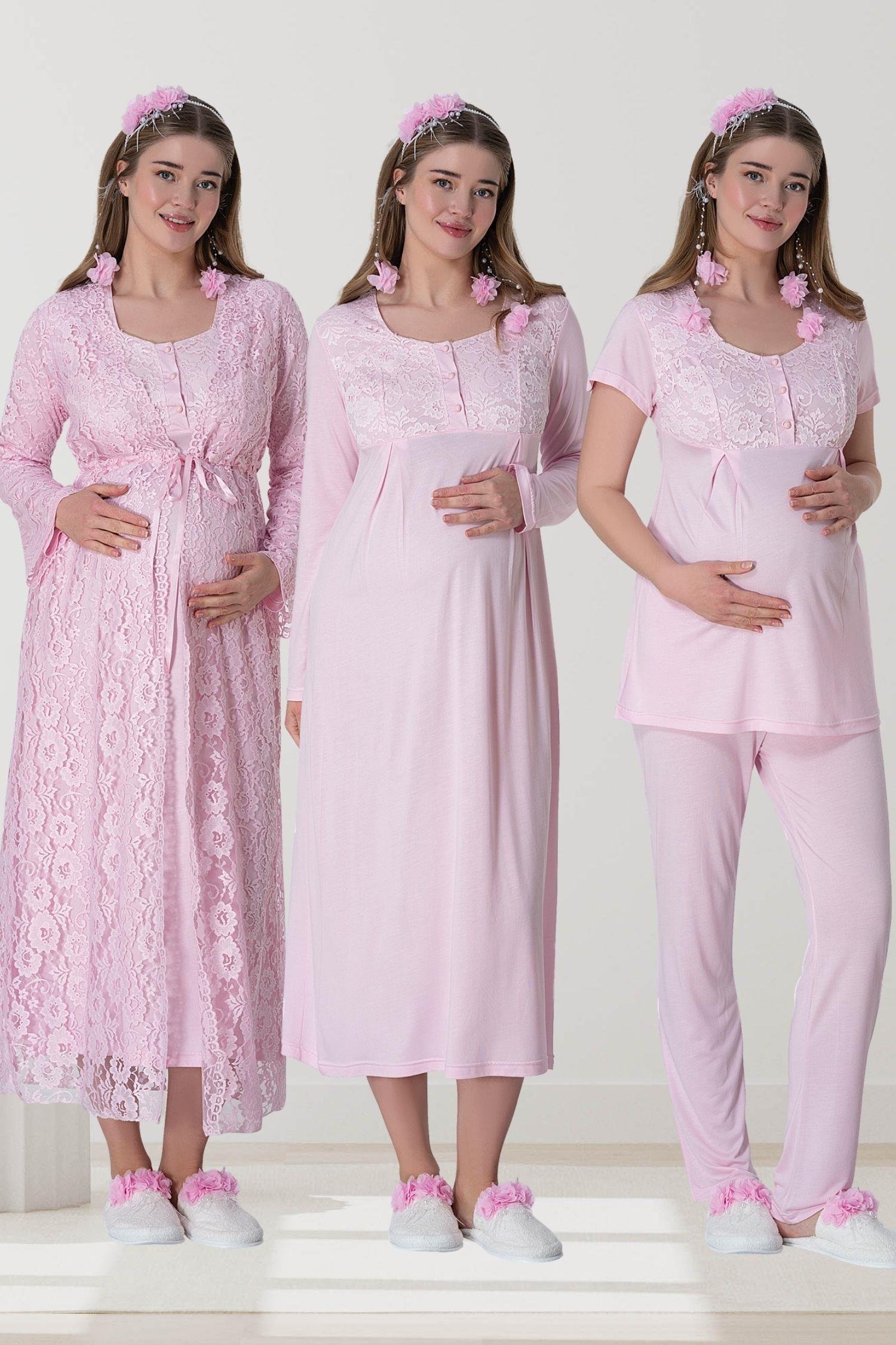 MECİT PİJAMAMecit 6060 Pembe Dantel Sabahlıklı Gecelik Pijama Lohusa Set