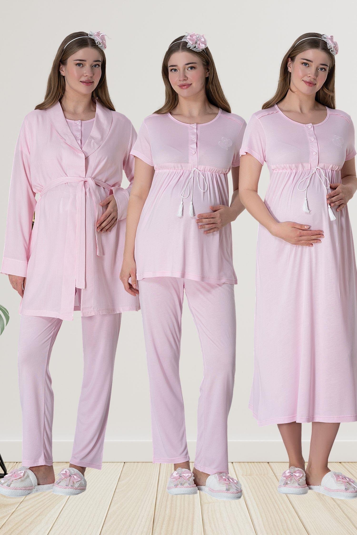 MECİT PİJAMAMecit 6061 Pembe Çizgili Sabahlıklı Gecelik Pijama Lohusa Set