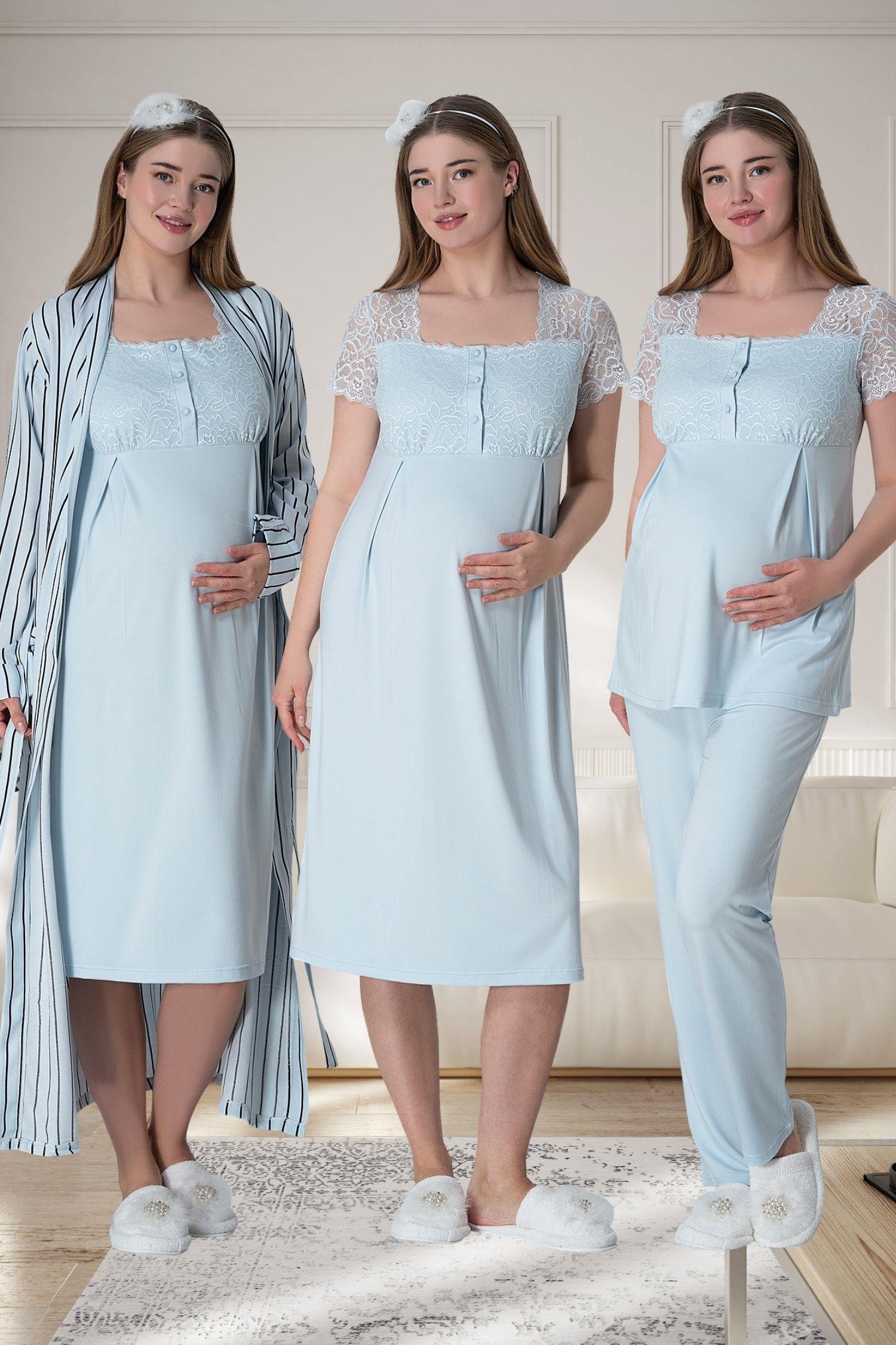 MECİT PİJAMAMecit 6063 Mavi Çizgili Uzun Sabahlıklı Gecelik Pijama Lohusa Set