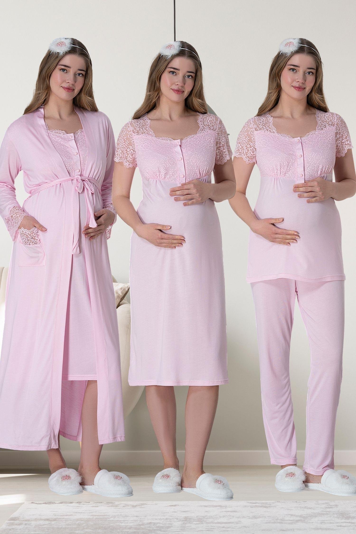 MECİT PİJAMAMecit 6065 Pembe Uzun Sabahlıklı Gecelik Pijama Lohusa Set