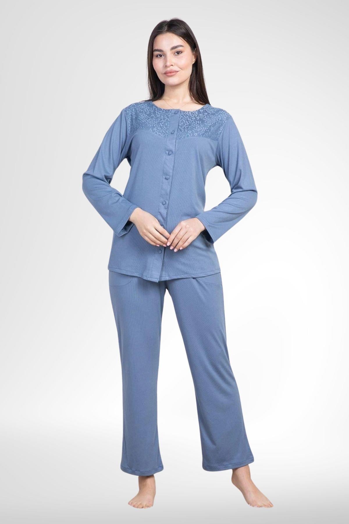 MECİT PİJAMAMecit 6105 İndigo Kadın Büyük Beden Boydan Düğmeli Pijama Takımı