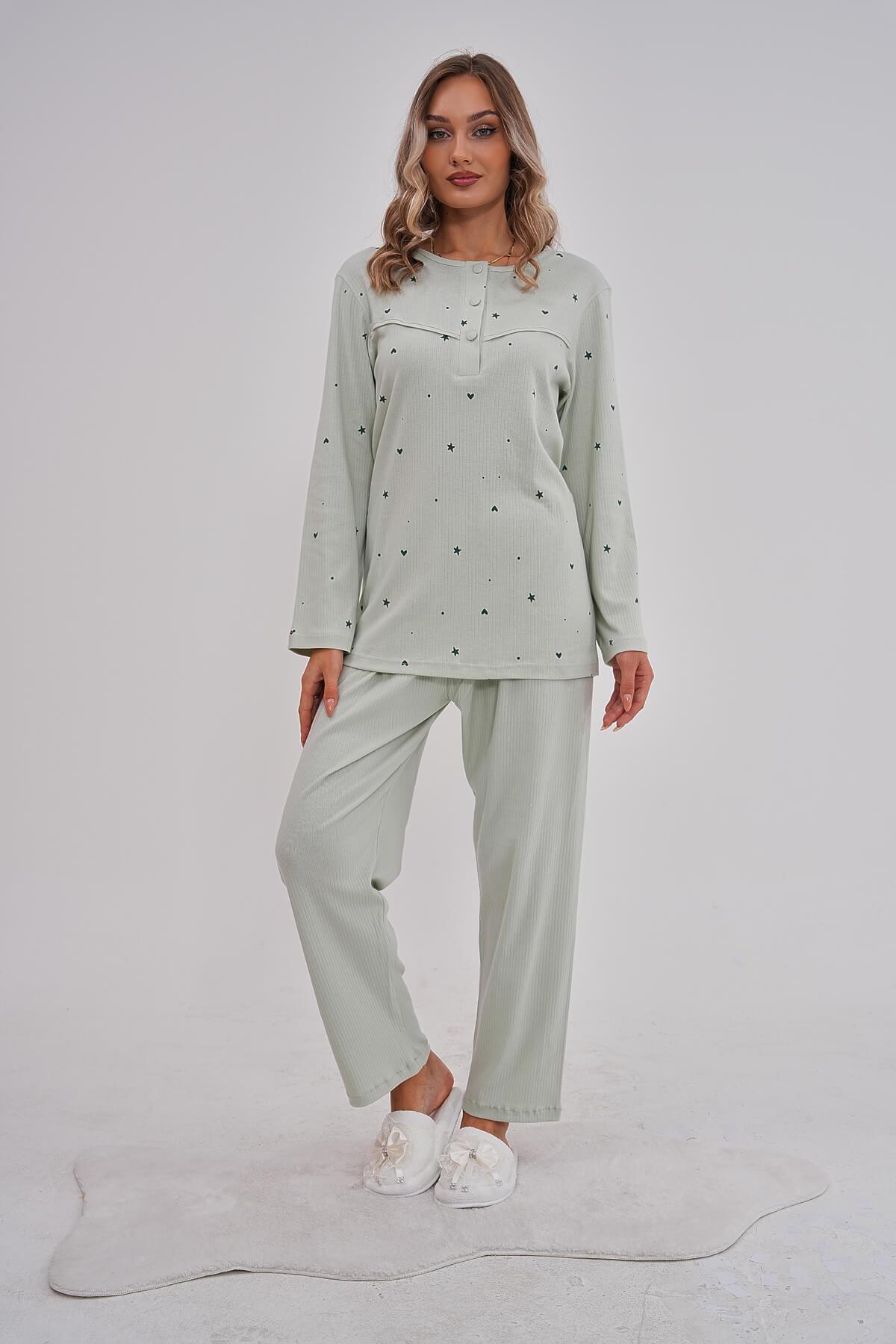 Mecit PijamaMecit 6150 Fıstık Yeşil Kadın %100 Pamuk Büyük Beden Pijama Takımı