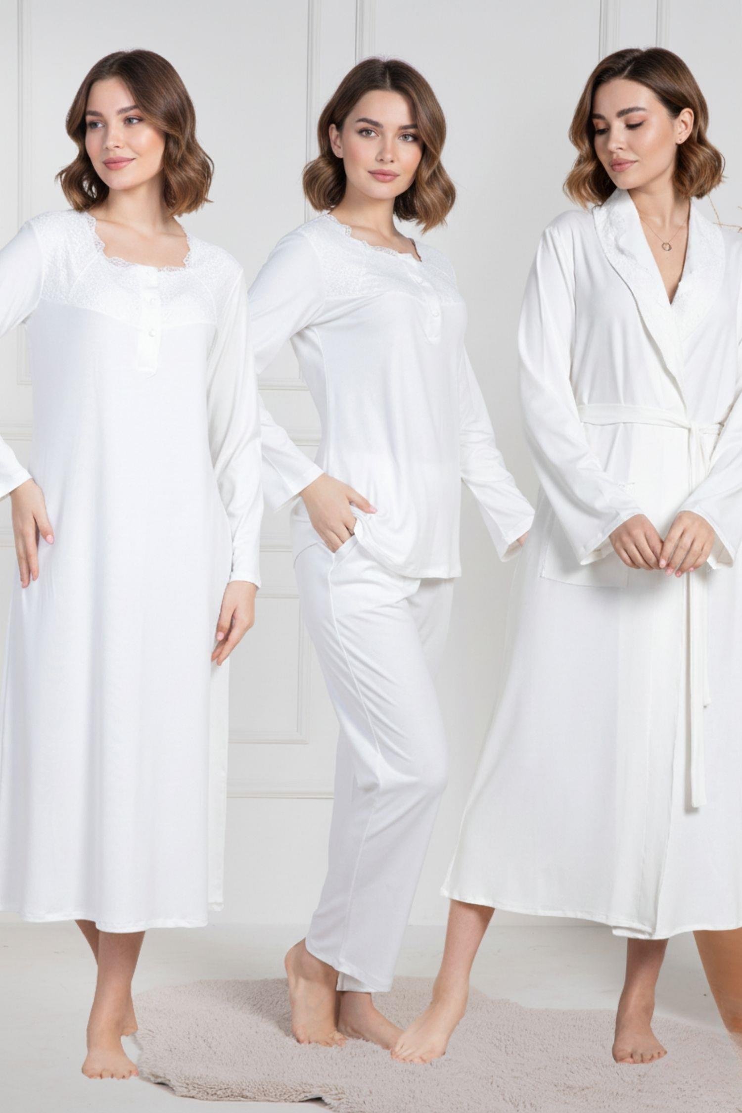 MECİT PİJAMAMecit 6157 Ekru Kadın Sabahlık Pijama Gecelik Set