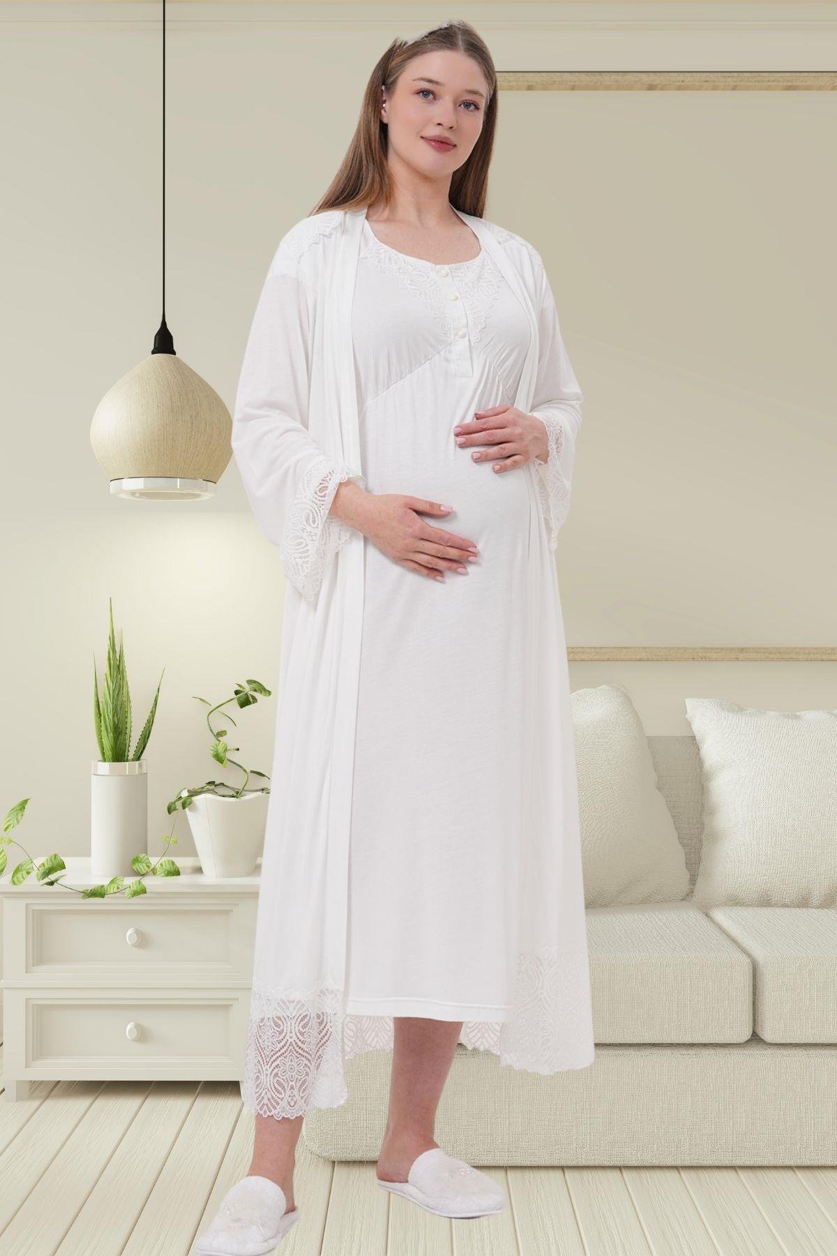 Mecit PijamaMecit 6204 Ekru Hamile Lohusa Dantelli Sabahlık Gecelik Takım