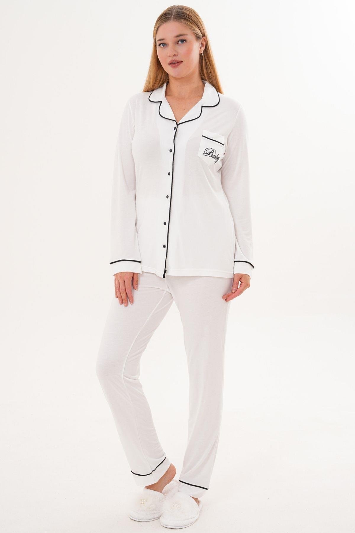 MECİT PİJAMAMecit 6307 Ekru Boydan Düğmeli Kadın Pijama Takımı