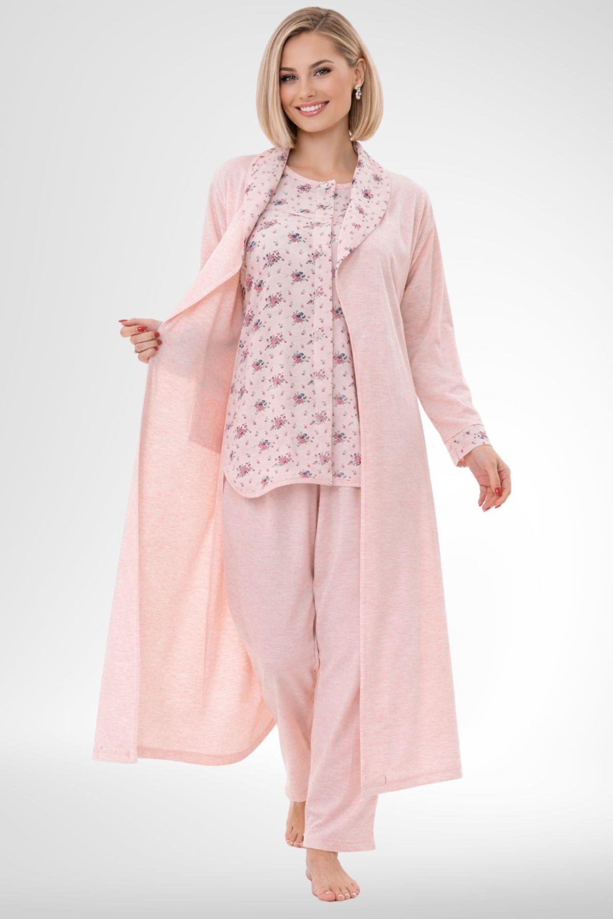 MECİT PİJAMAMecit 6317 Pudra Kadın Büyük Beden Boydan Düğmeli Sabahlıklı Pijama Takımı