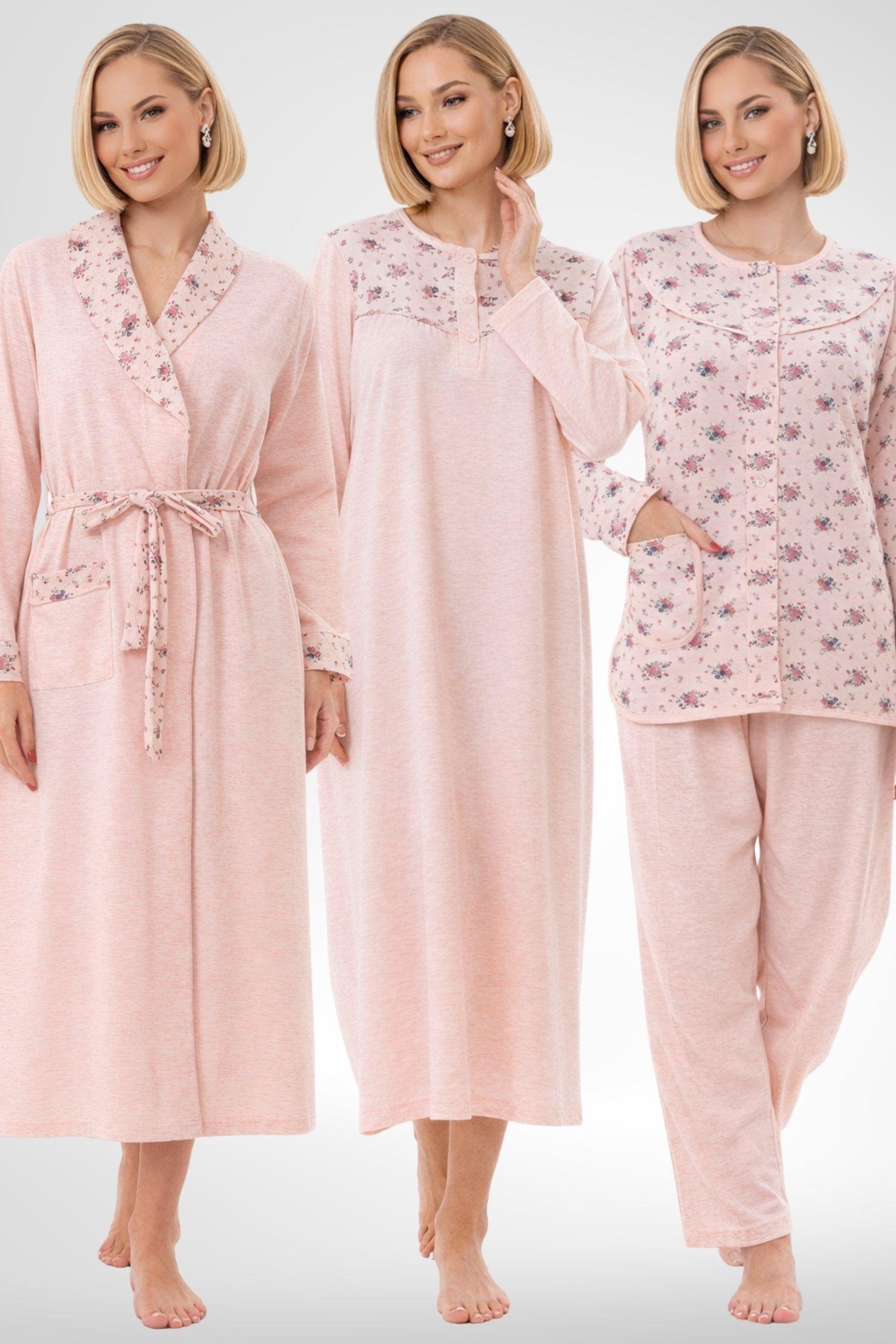 MECİT PİJAMAMecit 6321 Pudra Büyük Beden Kadın Sabahlık Pijama Gecelik Set