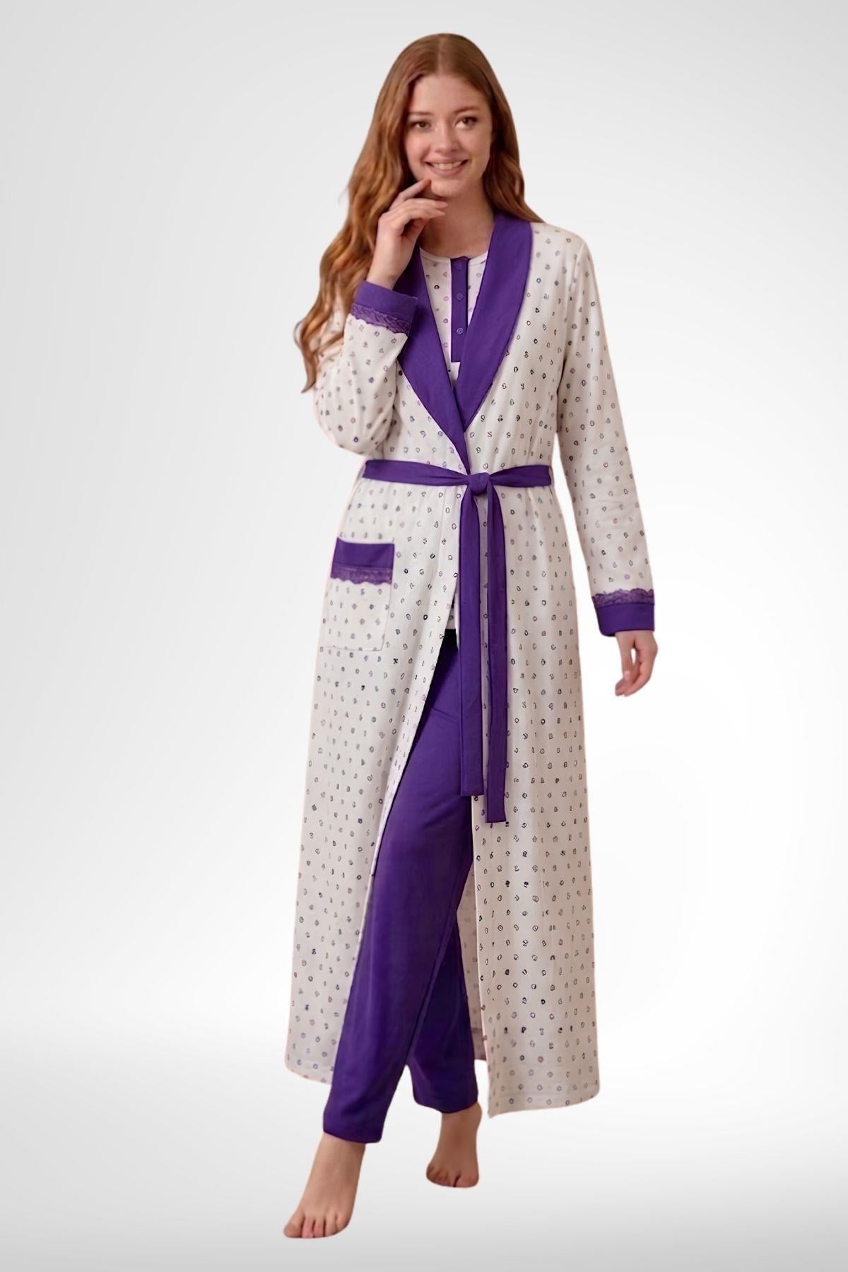 MECİT PİJAMAMecit 6358 Mor Kadın Uzun Sabahlıklı Pijama Takımı