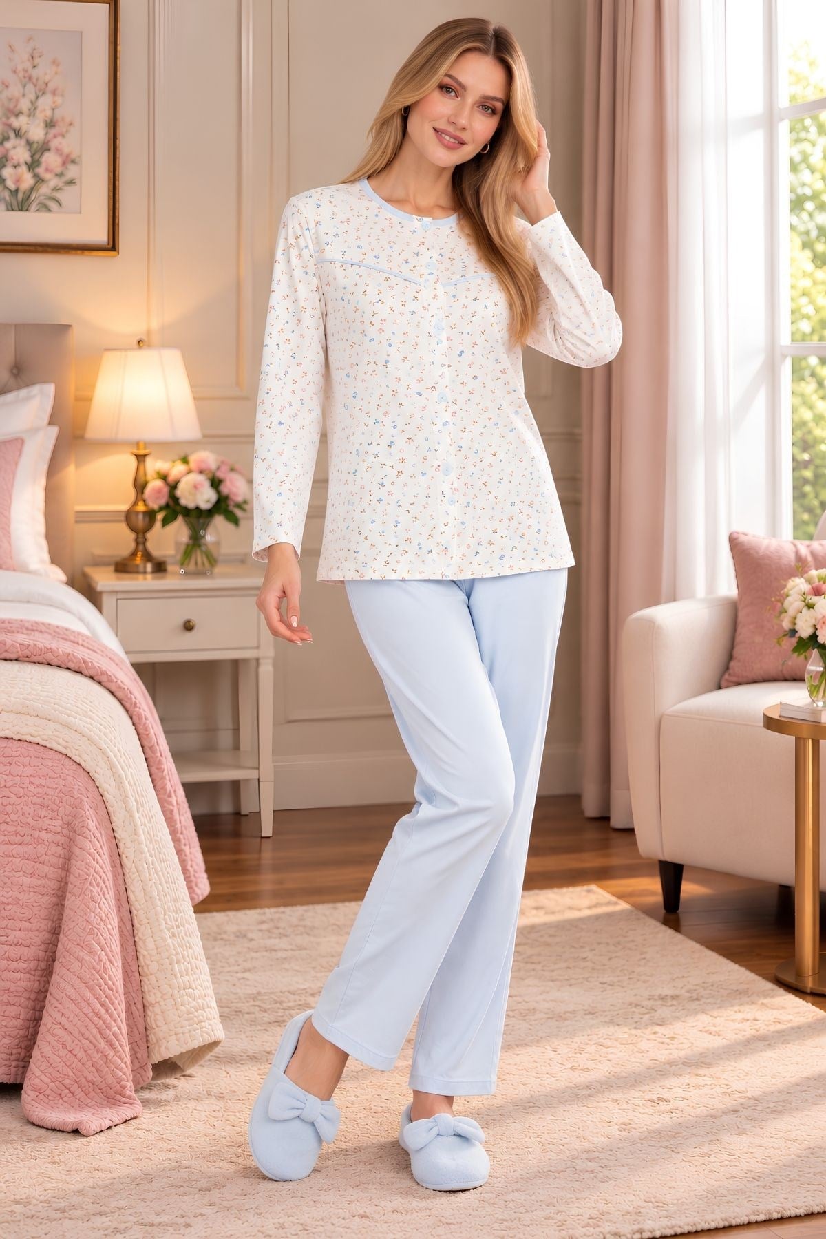 MECİT PİJAMAMecit 6362 Mavi %100 Pamuk Boydan Düğmeli Büyük Beden Kadın Pijama Takımı