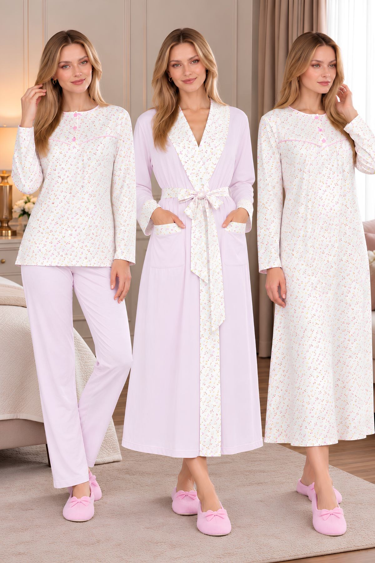 MECİT PİJAMAMecit 6384 Pembe Büyük Beden Kadın Sabahlık Pijama ve Uzun Kollu Gecelik Set
