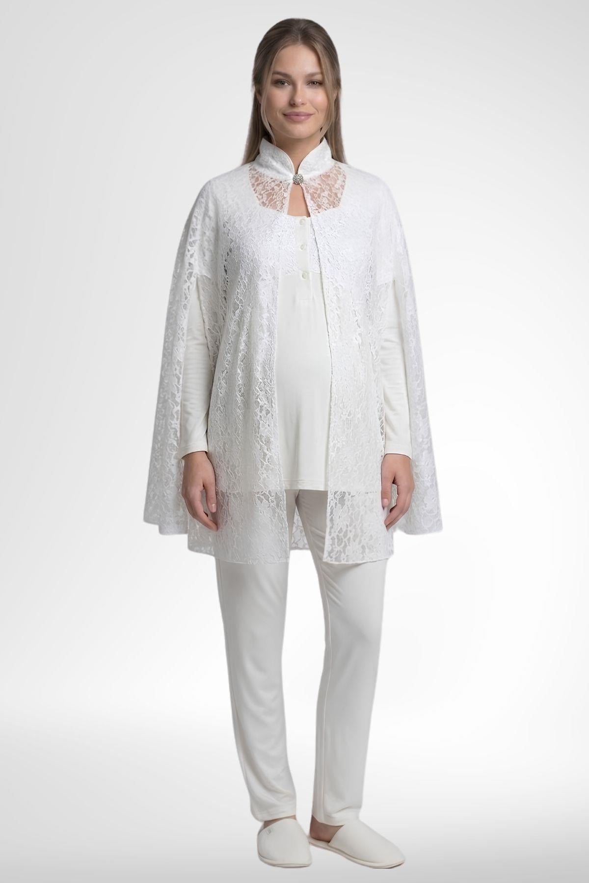 MECİT PİJAMAMecit 6402 Elegant Ekru Dantel Pelerinli Lohusa Pijama Takımı