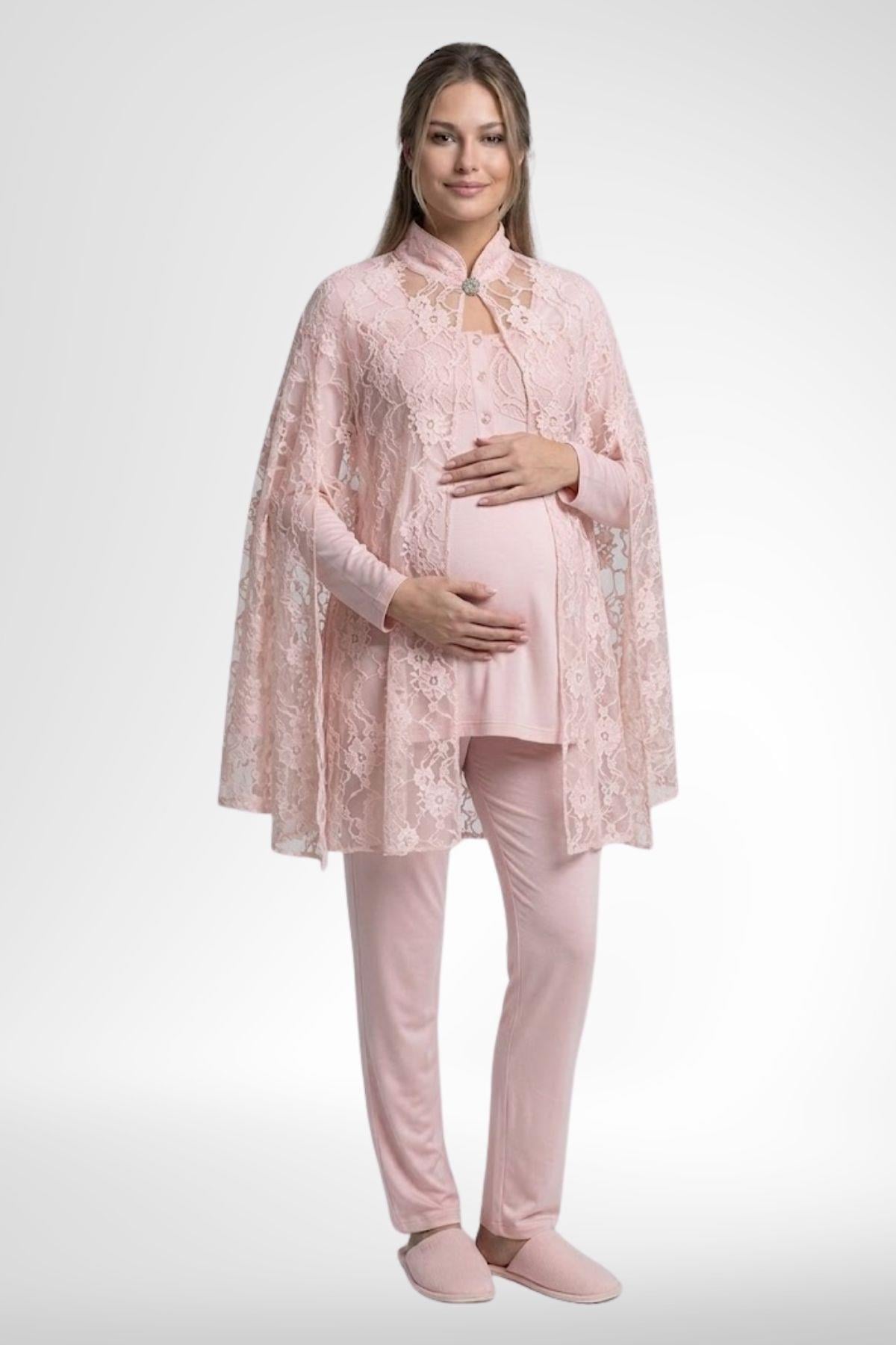 MECİT PİJAMAMecit 6402 Elegant Pudra Pembe Dantel Pelerinli Lohusa Pijama Takımı