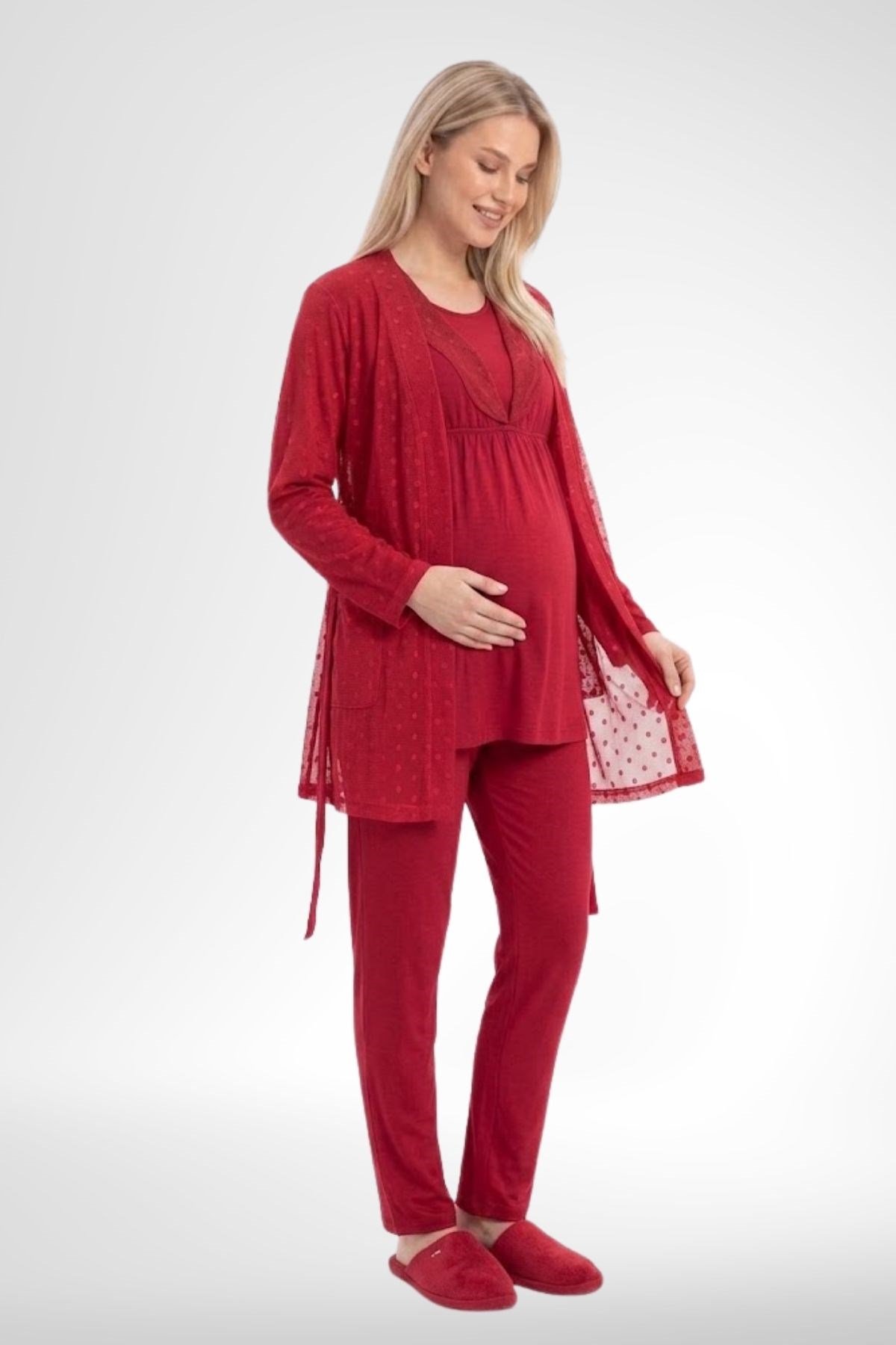 MECİT PİJAMAMecit 6406 Kırmızı Dantel Sabahlıklı Lohusa Pijama Takımı