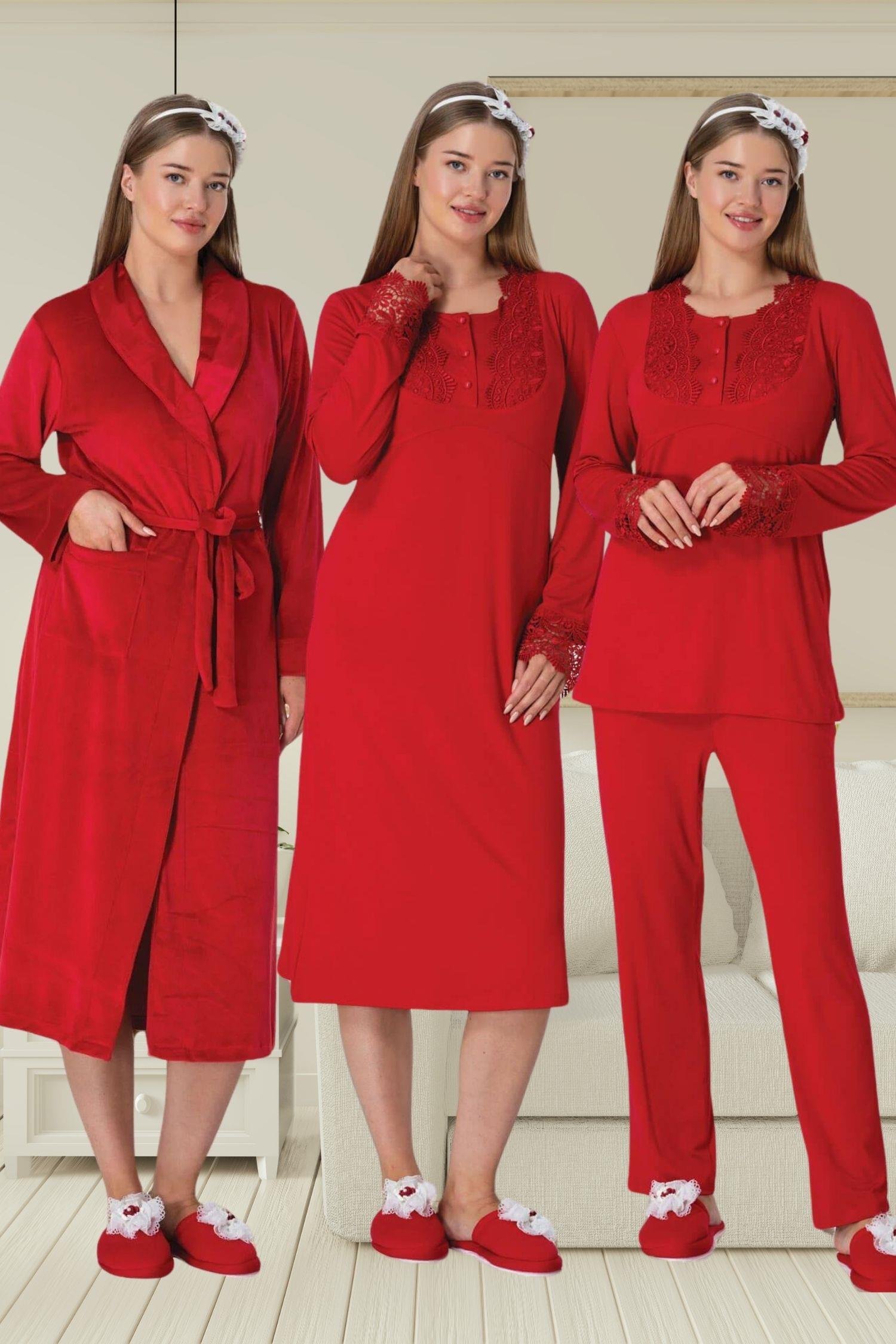 MECİT PİJAMAMecit 6500 Kırmızı Kadife Sabahlıklı Gecelik Pijama Lohusa Set