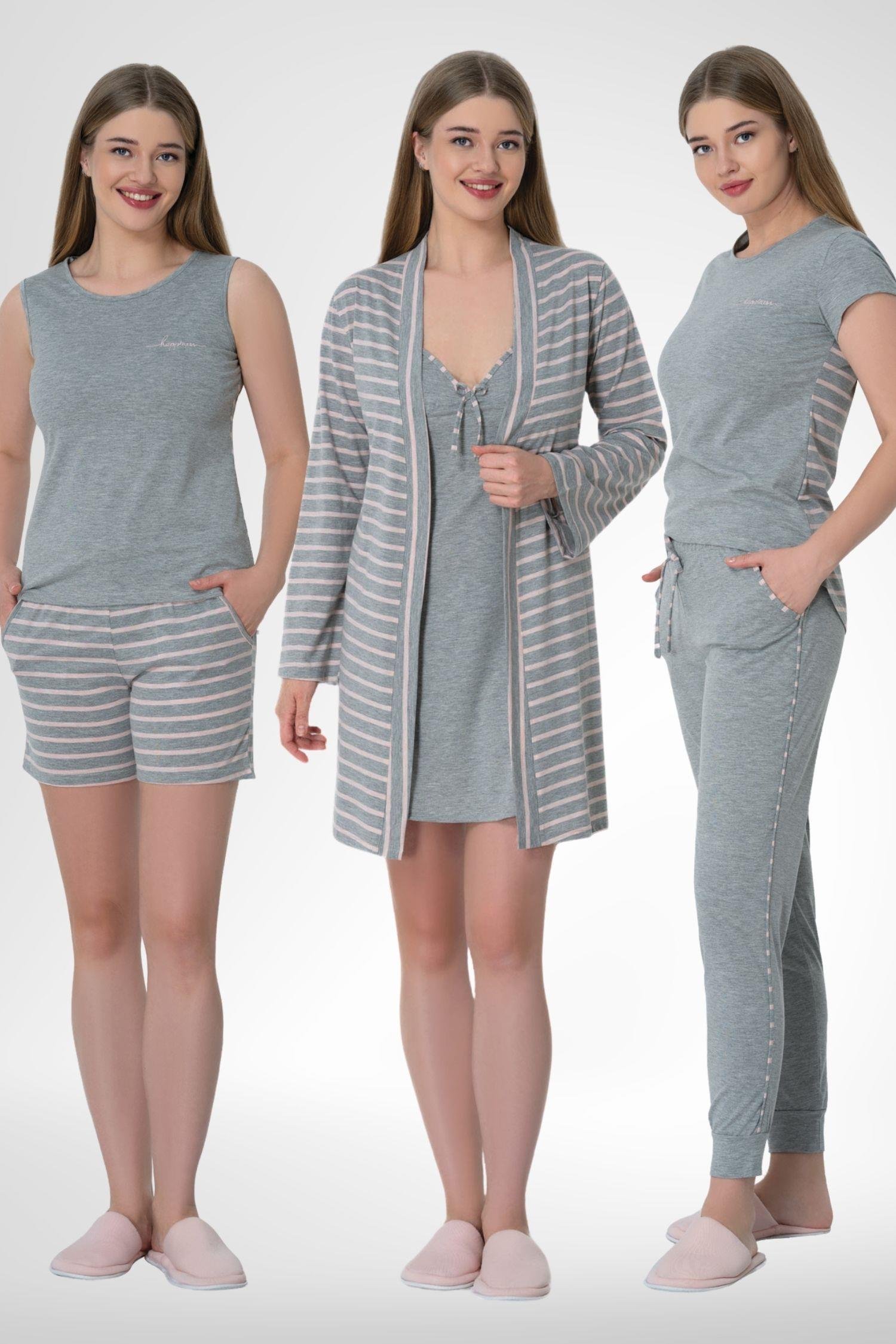 MECİT PİJAMAMecit 6501 Pembe Çizgili 6 Parça Spor Kadın Pijama Gecelik Sabahlık Set