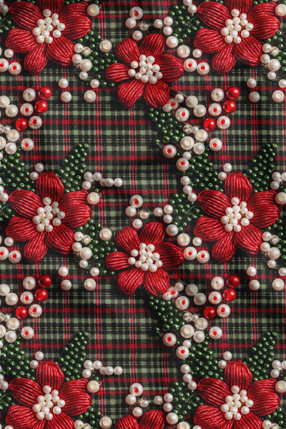 3D İncili Ekose Desenli Dijital Baskılı Kumaş