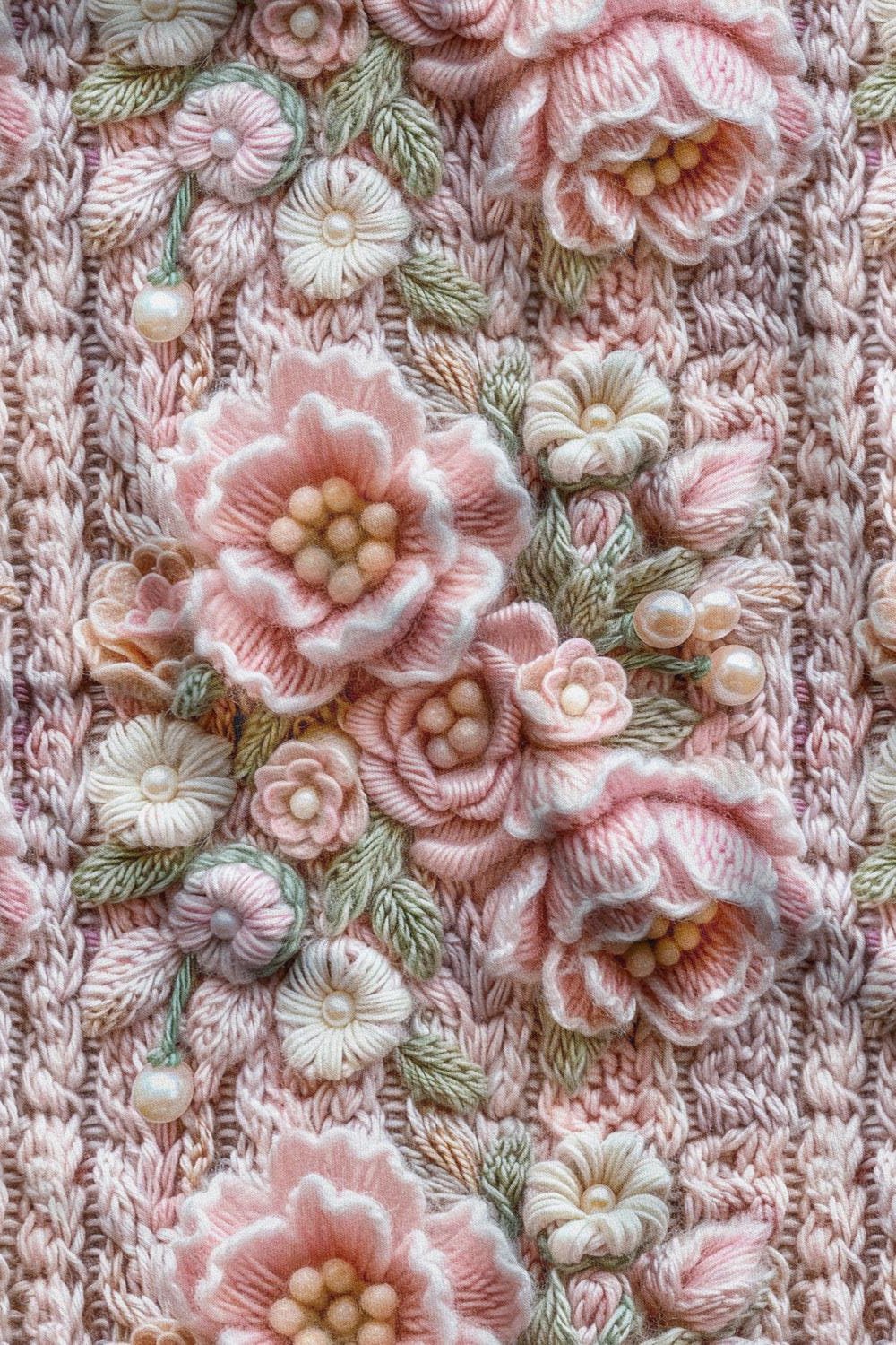 3D Örgü İncili Çiçek Desenli Dijital Baskılı Kumaş