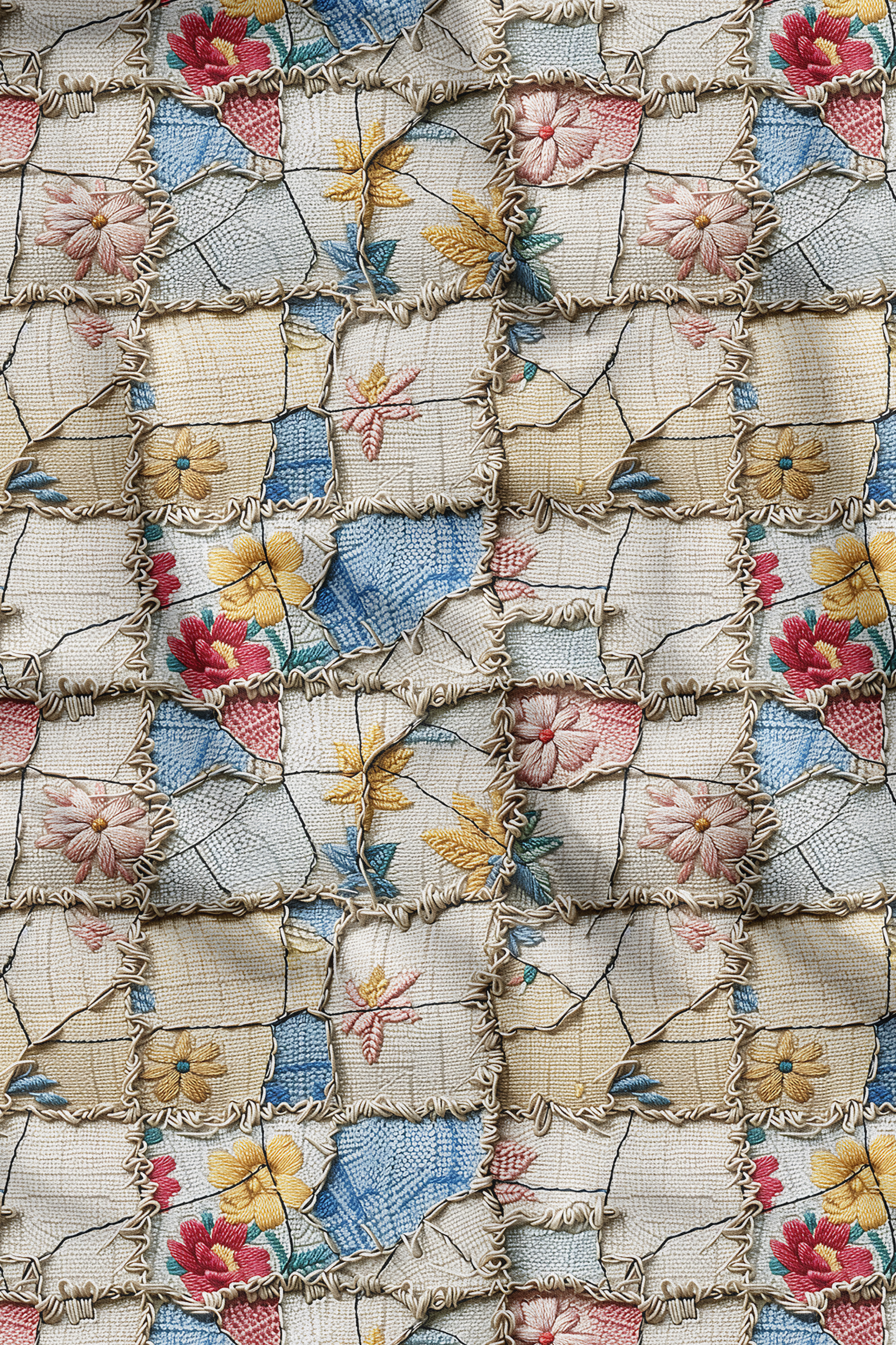 3D Patchwork Çiçek Desenli Dijital Baskılı Kumaş