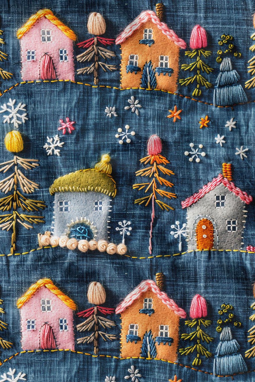 3D Sonbahar Keten Zeminli Evler Desenli Dijital Baskılı Kumaş