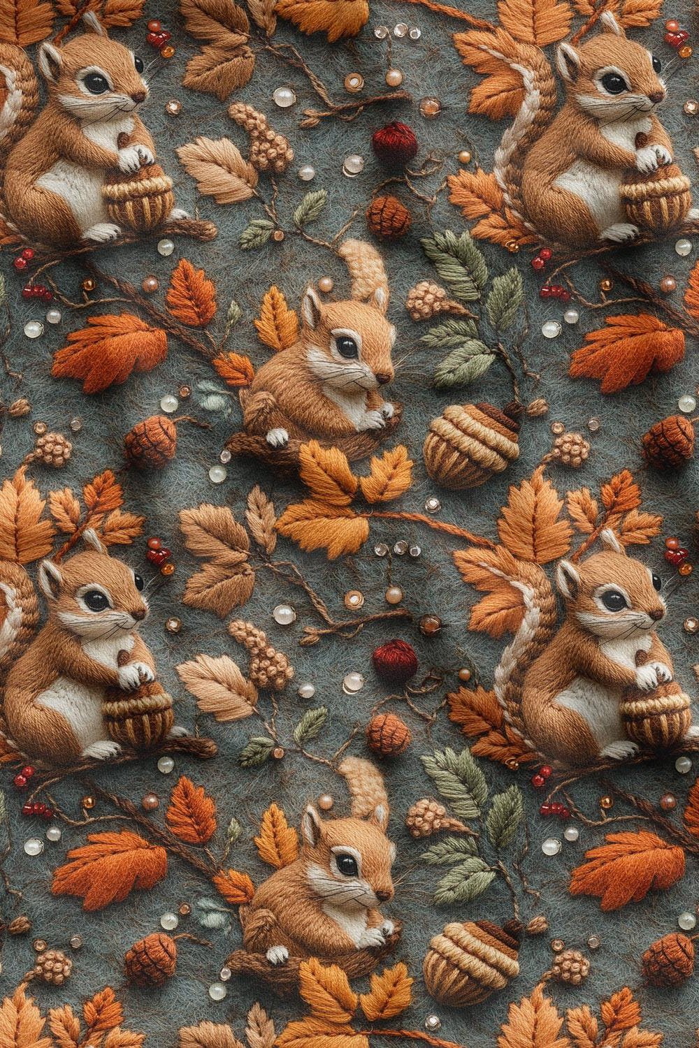 3D Sonbahar Sincap Desenli Dijital Baskılı Kumaş