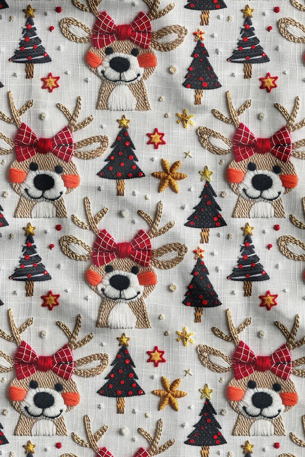 3D Yılbaşı Nakışlı Geyik Desenli Dijital Baskılı Kumaş