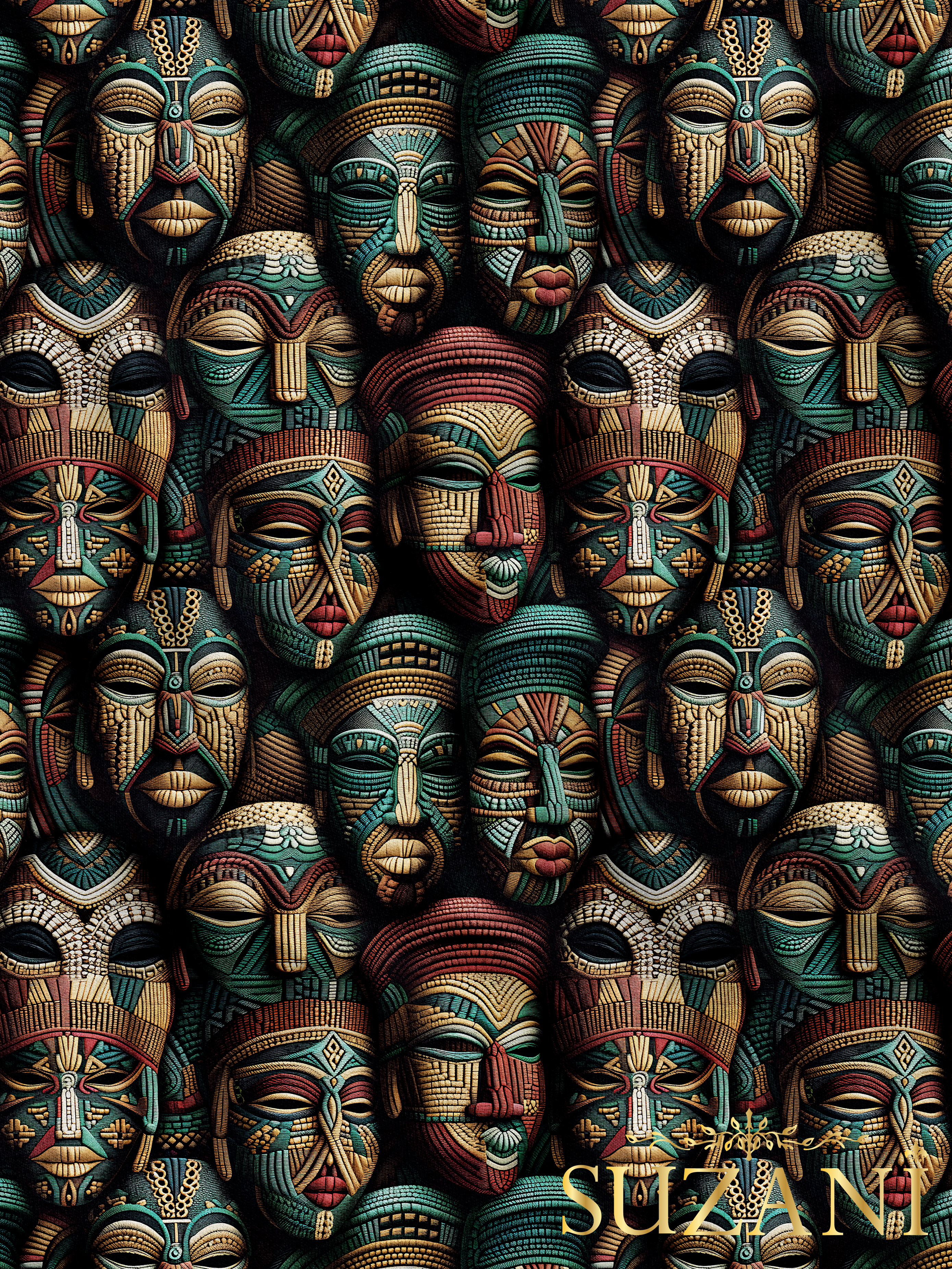 Afrika Kabile Maske Desenli Dijital Baskılı Kumaş