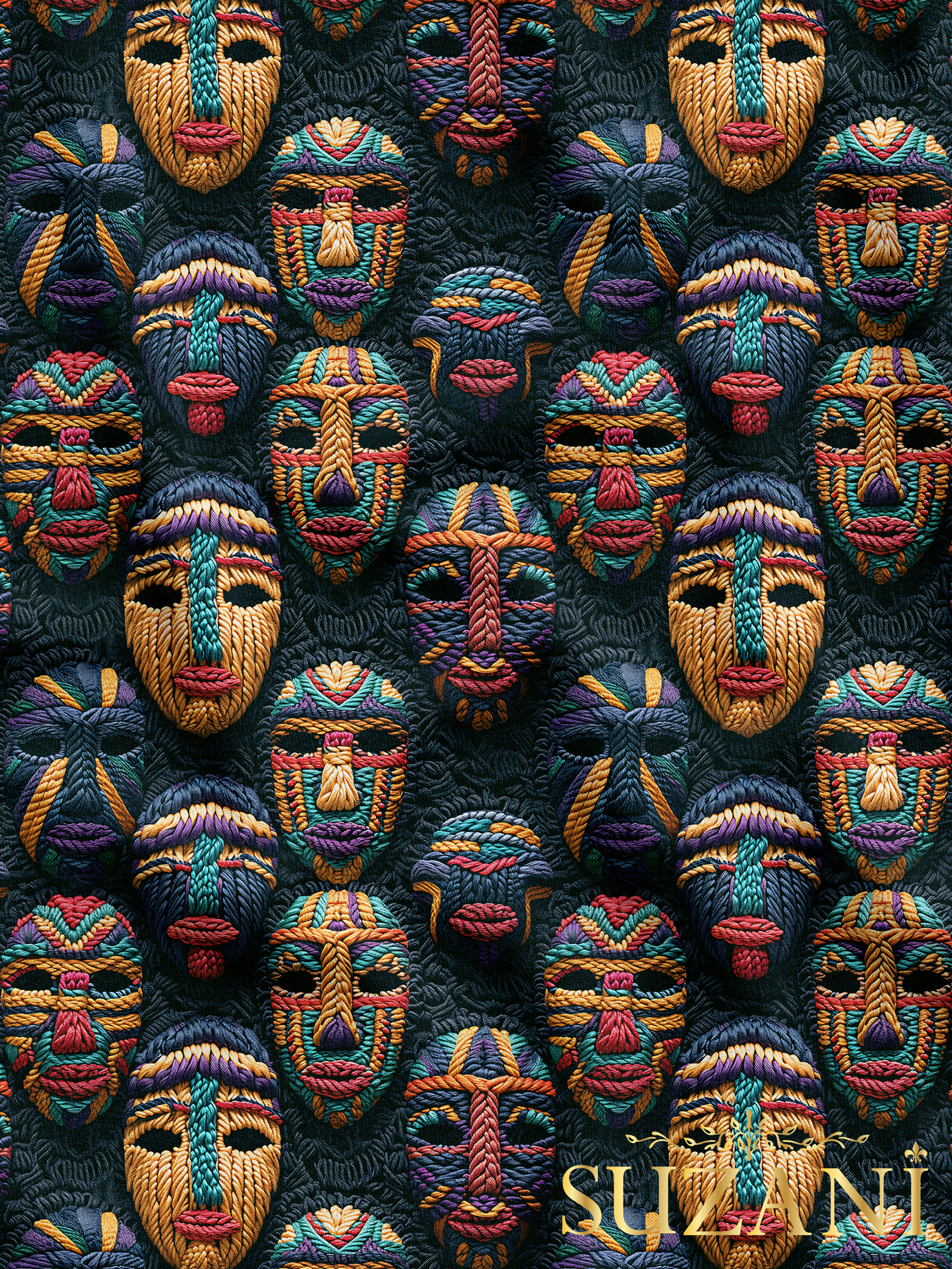 Afrika Maske Desenli Dijital Baskılı Kumaş