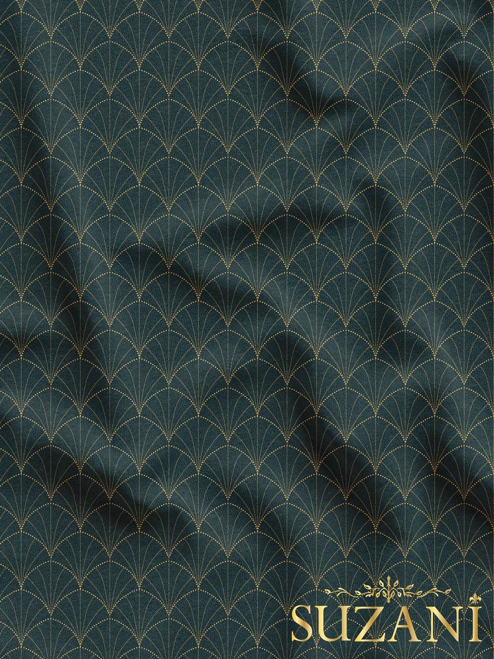 Altın Çizgili Geometrik Lacivert Zemin Desenli Dijital Baskılı Kumaş