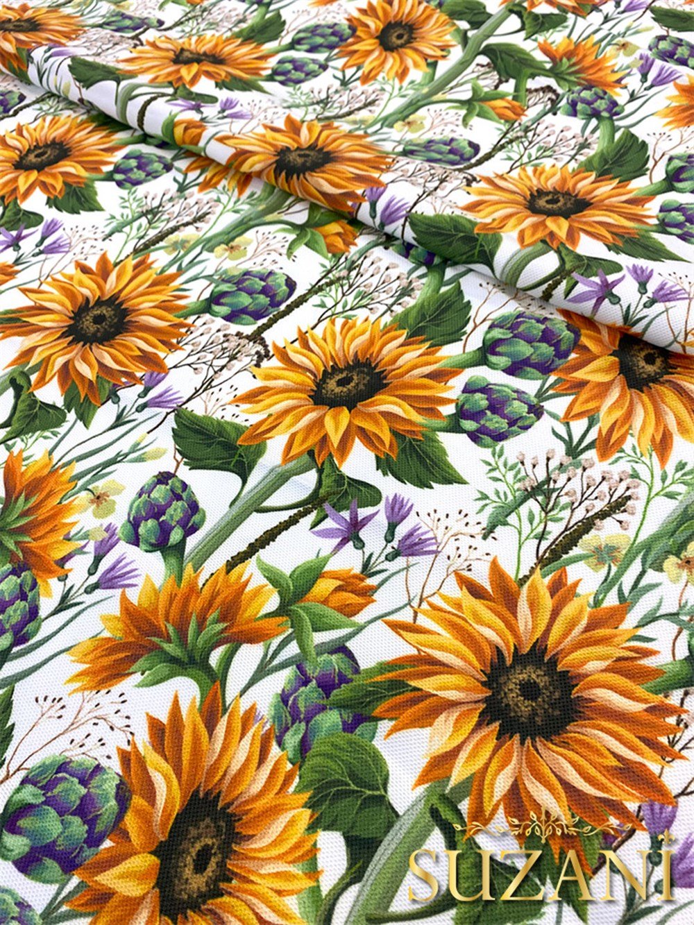 Beyaz Zemin Ayçiçeği Desenli Dijital Baskılı Kumaş