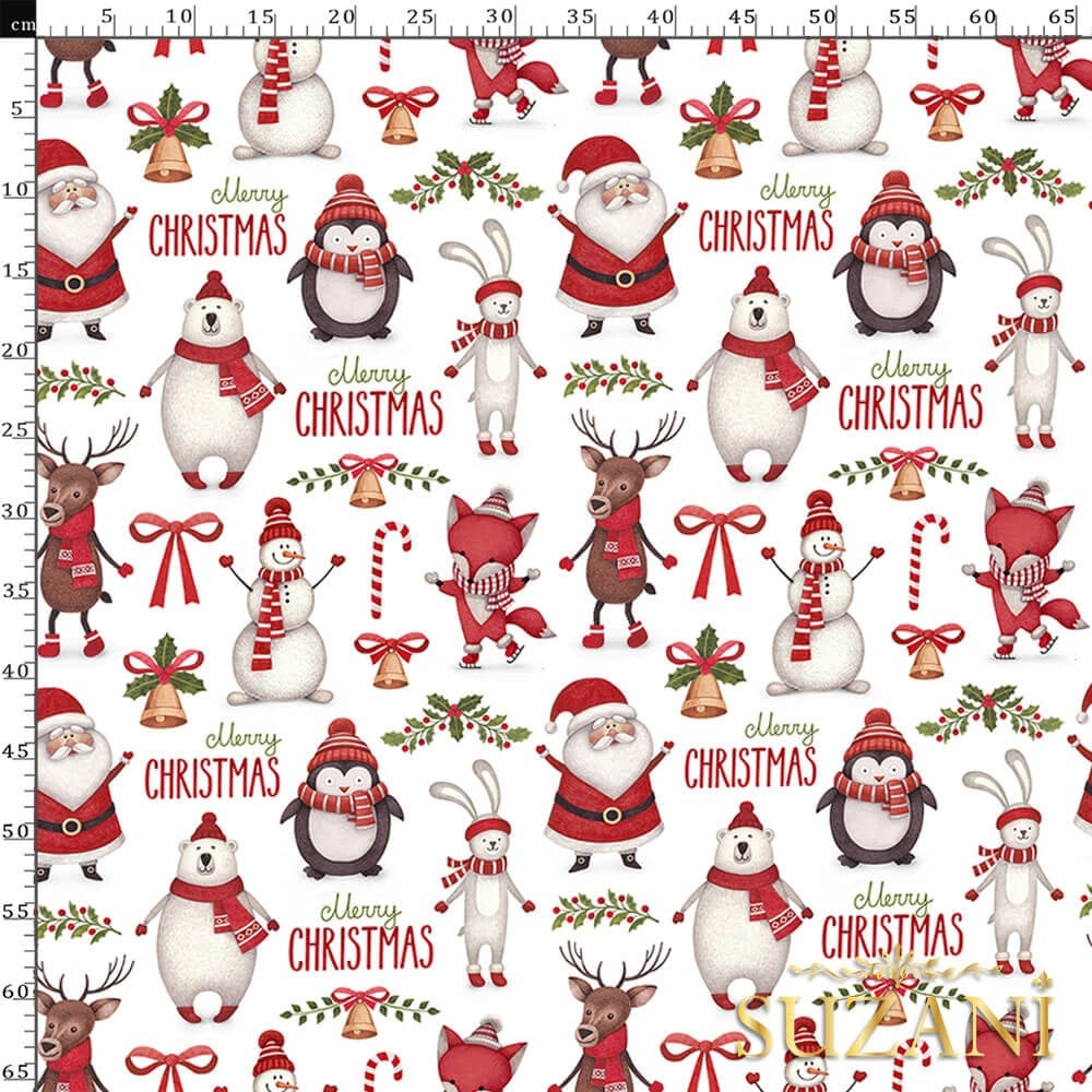 Beyaz Zemin Christmas Desenli Dijital Baskılı Kumaş