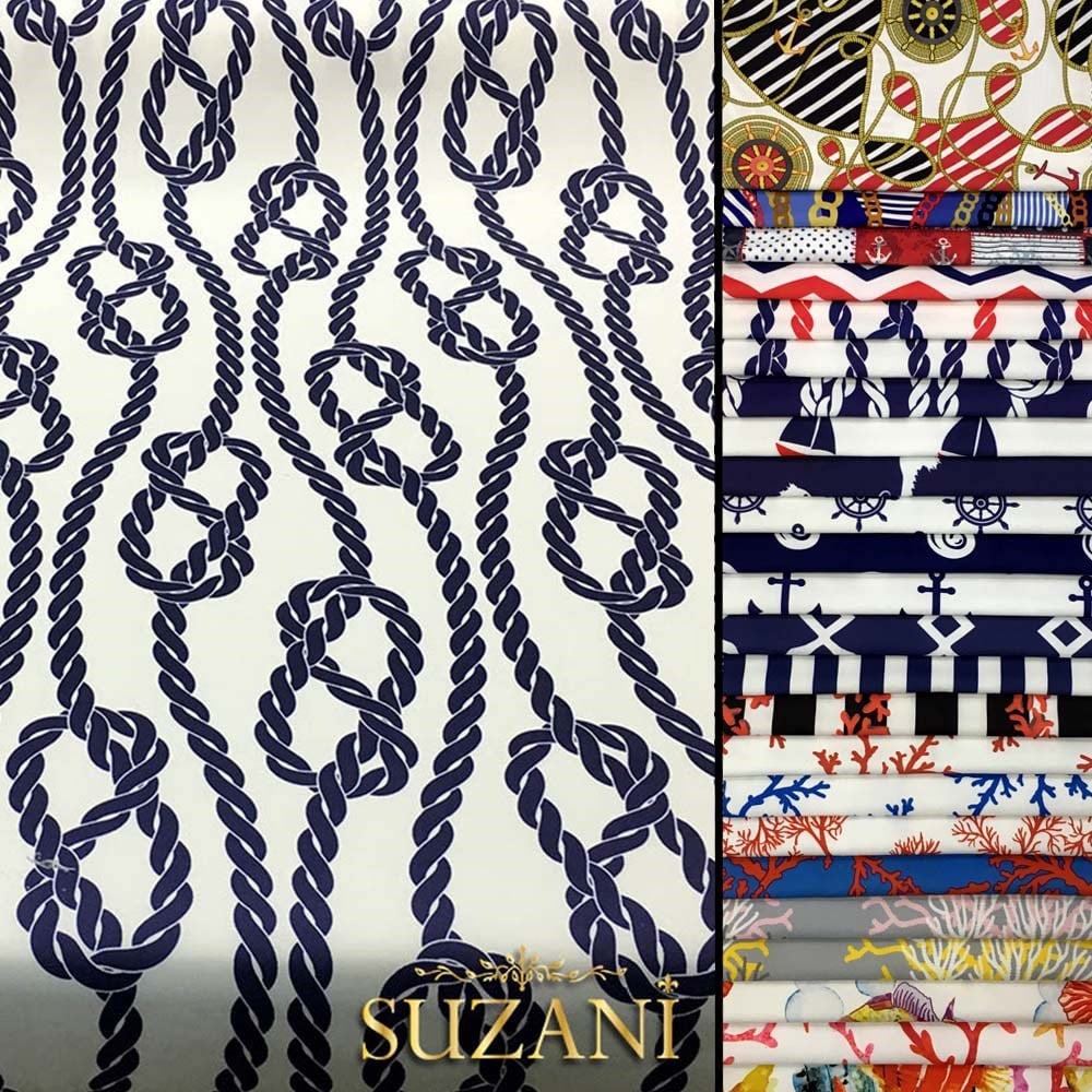 Beyaz Zemin Gemici Düğümü Desenli Kumaş