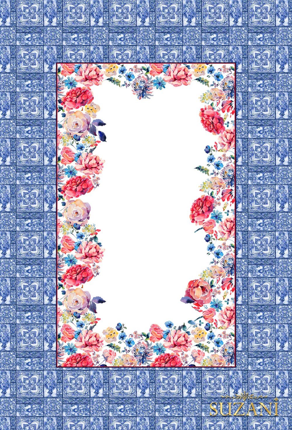 Çiçekli Karo Bordürlü Dikişsiz Masaörtüsü Kumaşı