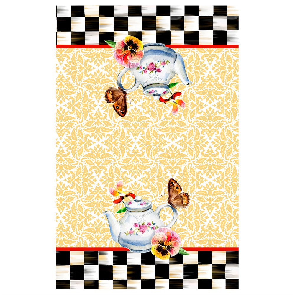 Damalı Çaydanlık Desenli Dikişsiz 4'lü Fırın Örtüsü Kumaşı