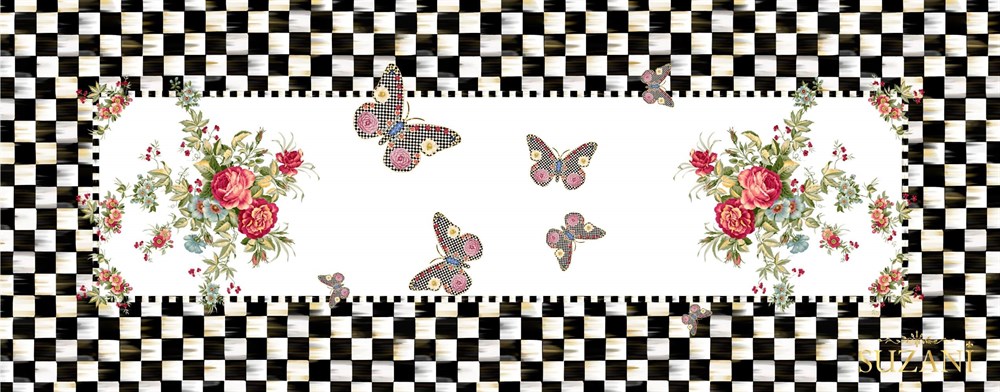 Damalı Kelebek Desenli Runner Kumaşı-Beyaz