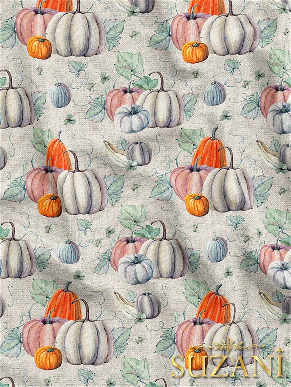 Doku Efektli Zemin Üzeri Balkabağı Desenli Dijital Baskılı Kumaş