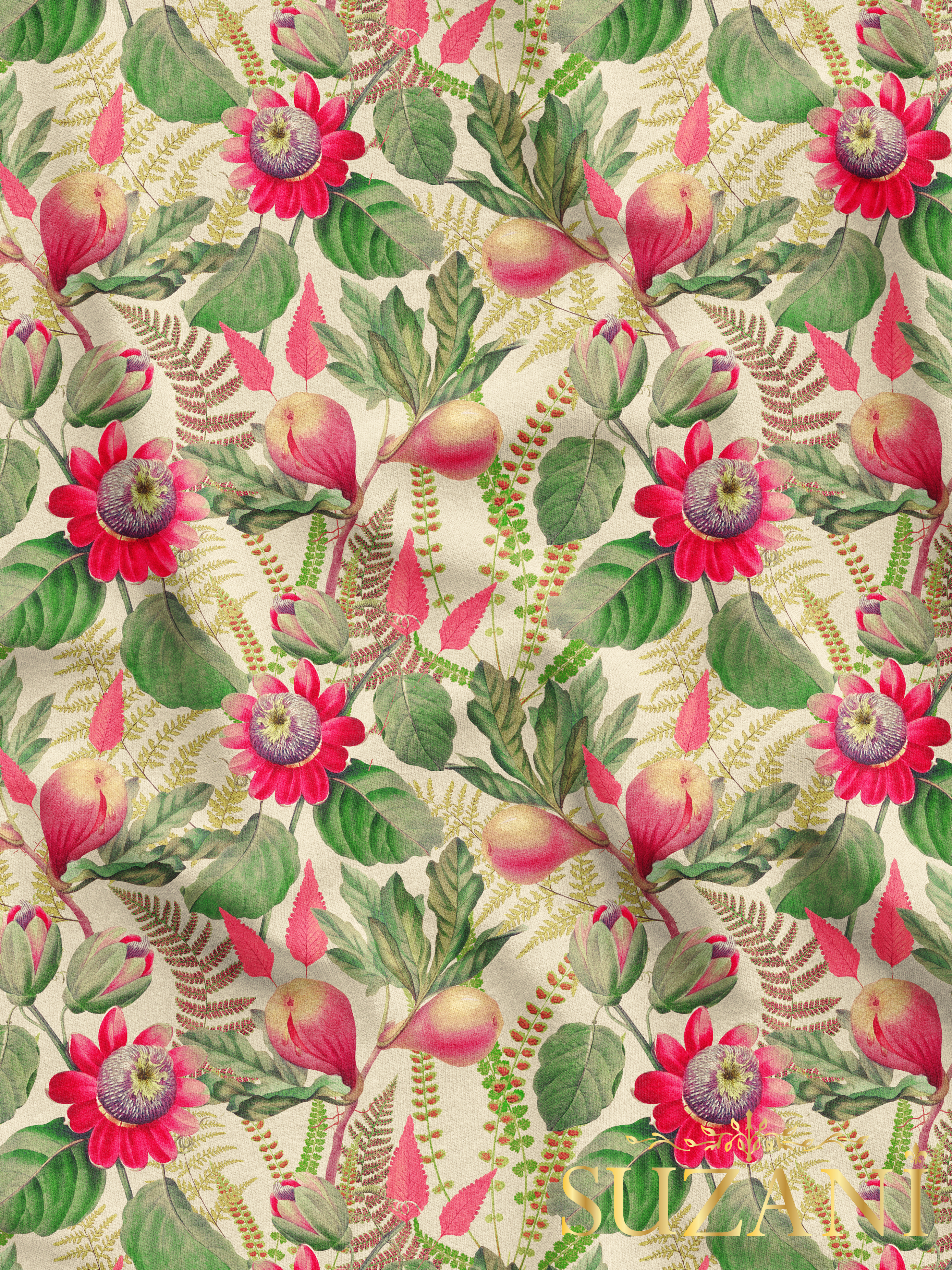 Egzotik Çiçek İncir Desenli Dijital Baskılı Kumaş